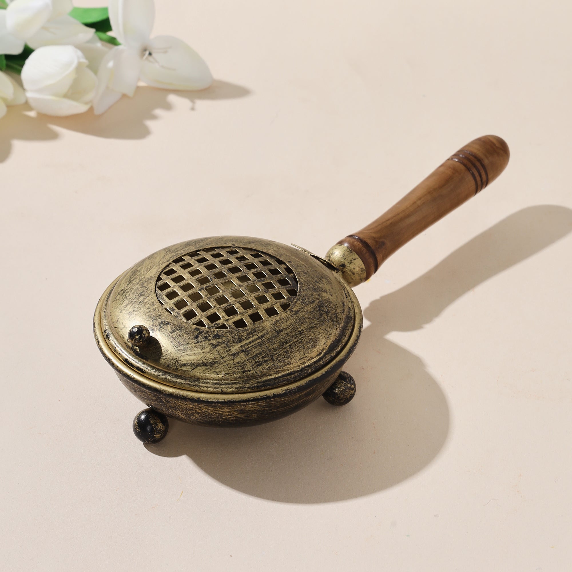 Vintage Brass Coating Dhuna/Lohban with Wooden Handle- 10 inch