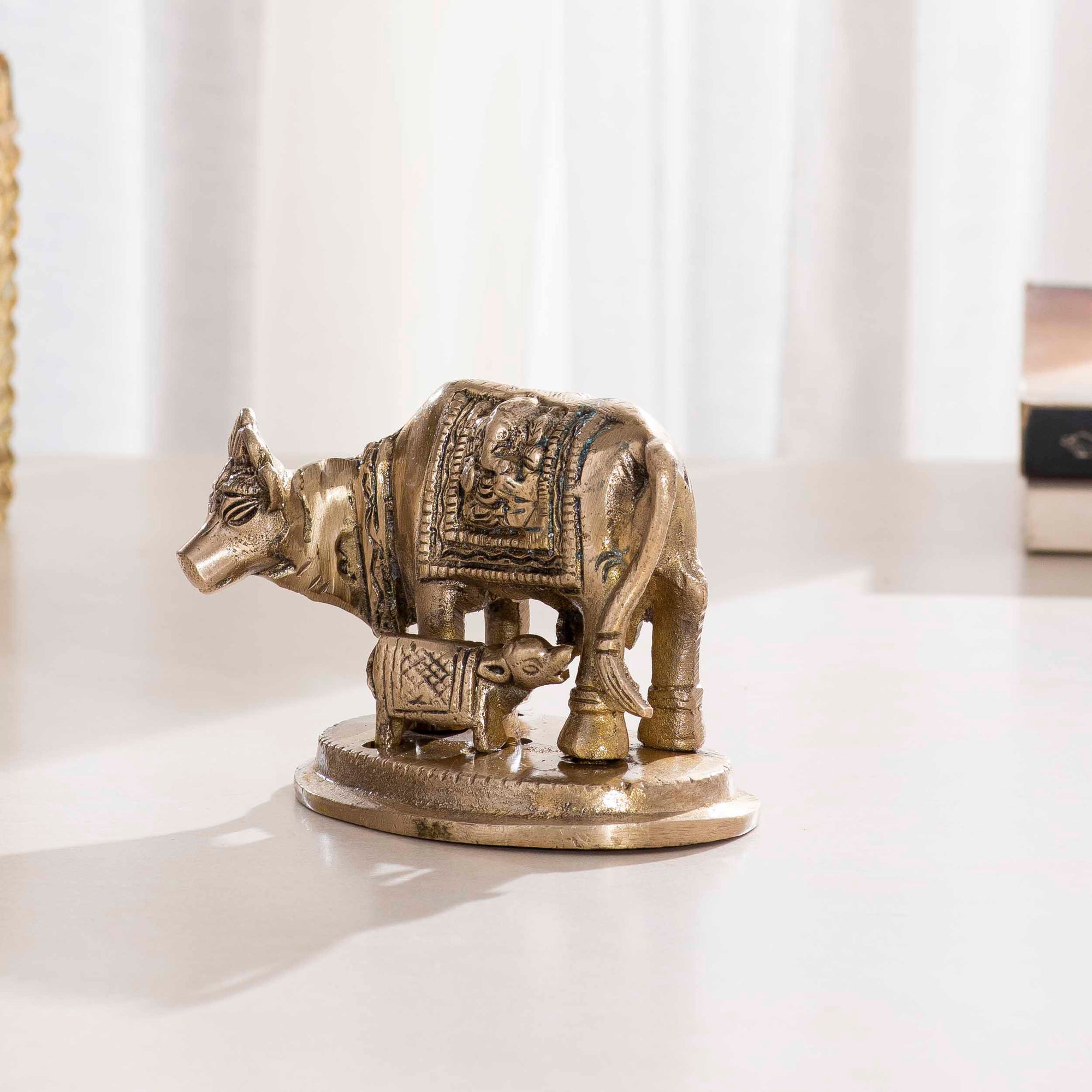 Brass Cow and Calf Laxmi Ganesh Idol Statue