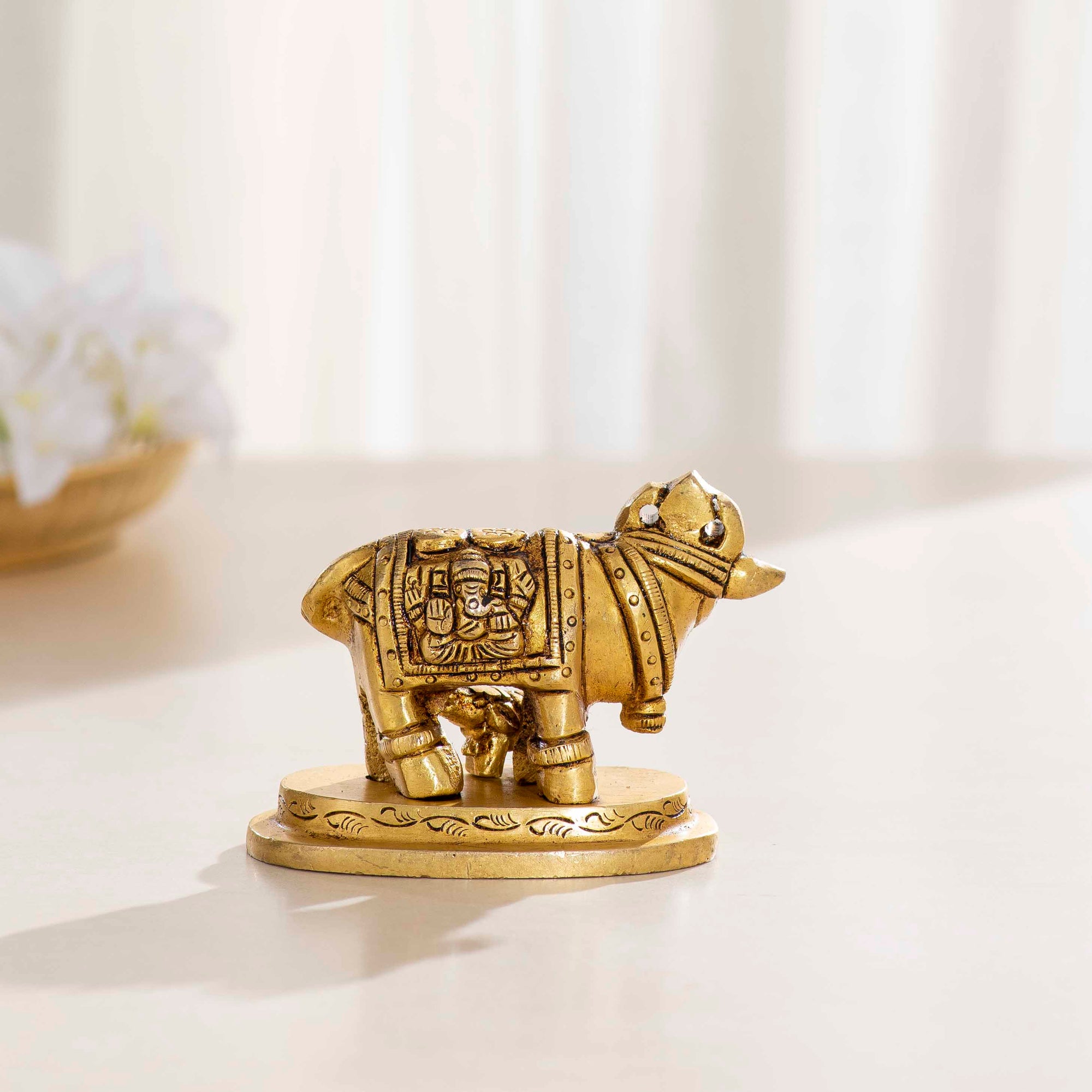 Brass Kamdhenu - Cow and Calf Laxmi Ganesh Idol Statue