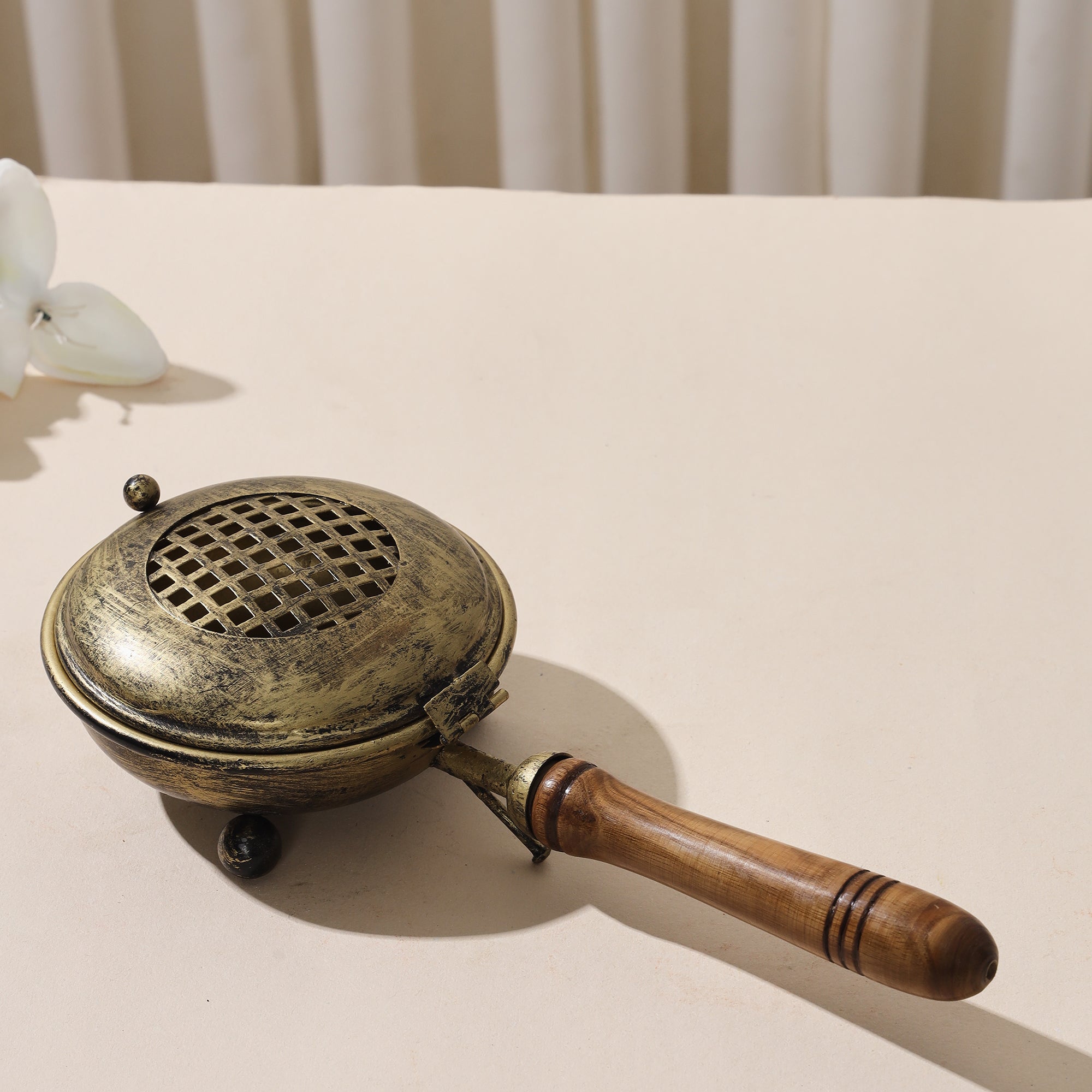 Vintage Brass Coating Dhuna/Lohban with Wooden Handle- 10 inch