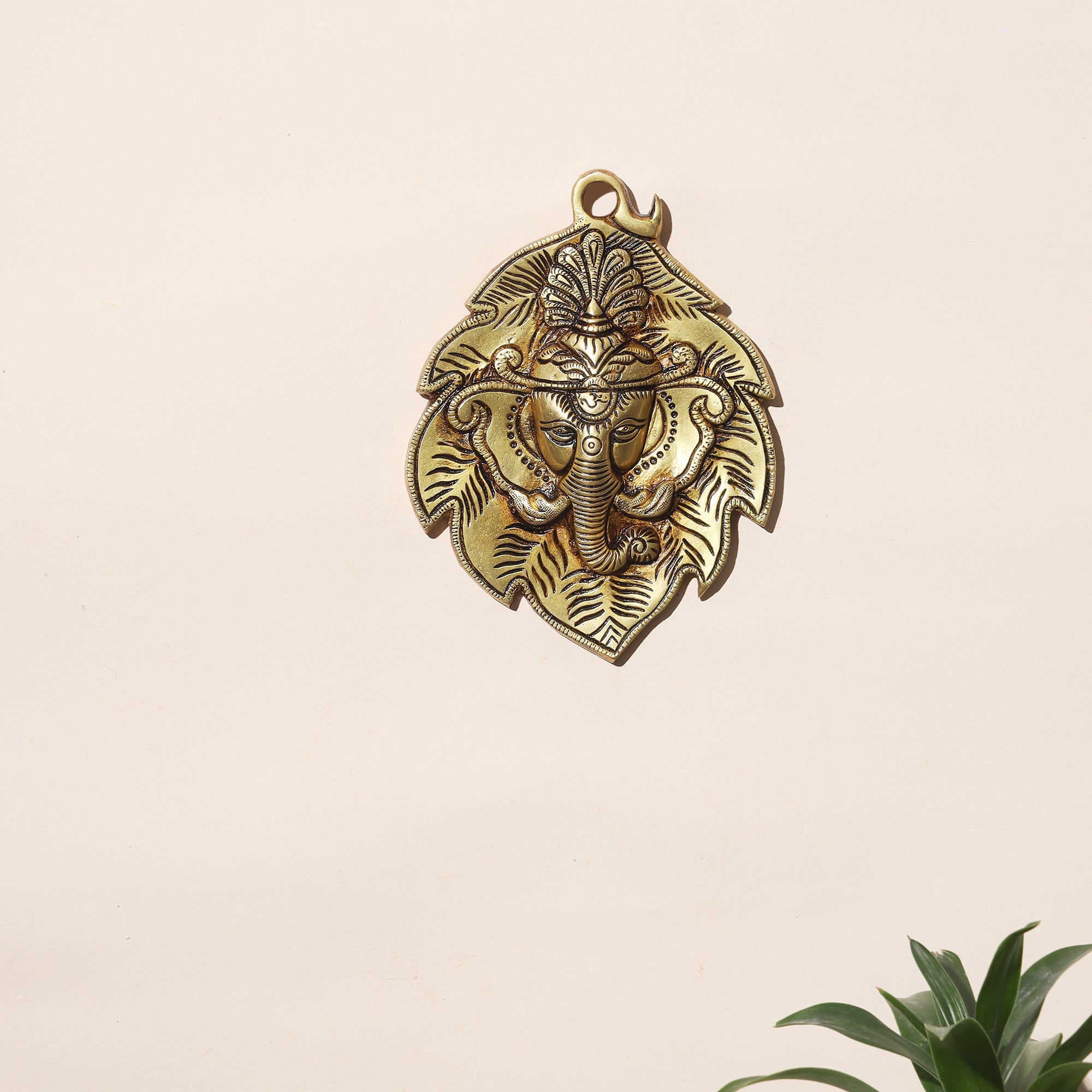 Brass Wall Hanging Leaf Ganesha - 7 inch