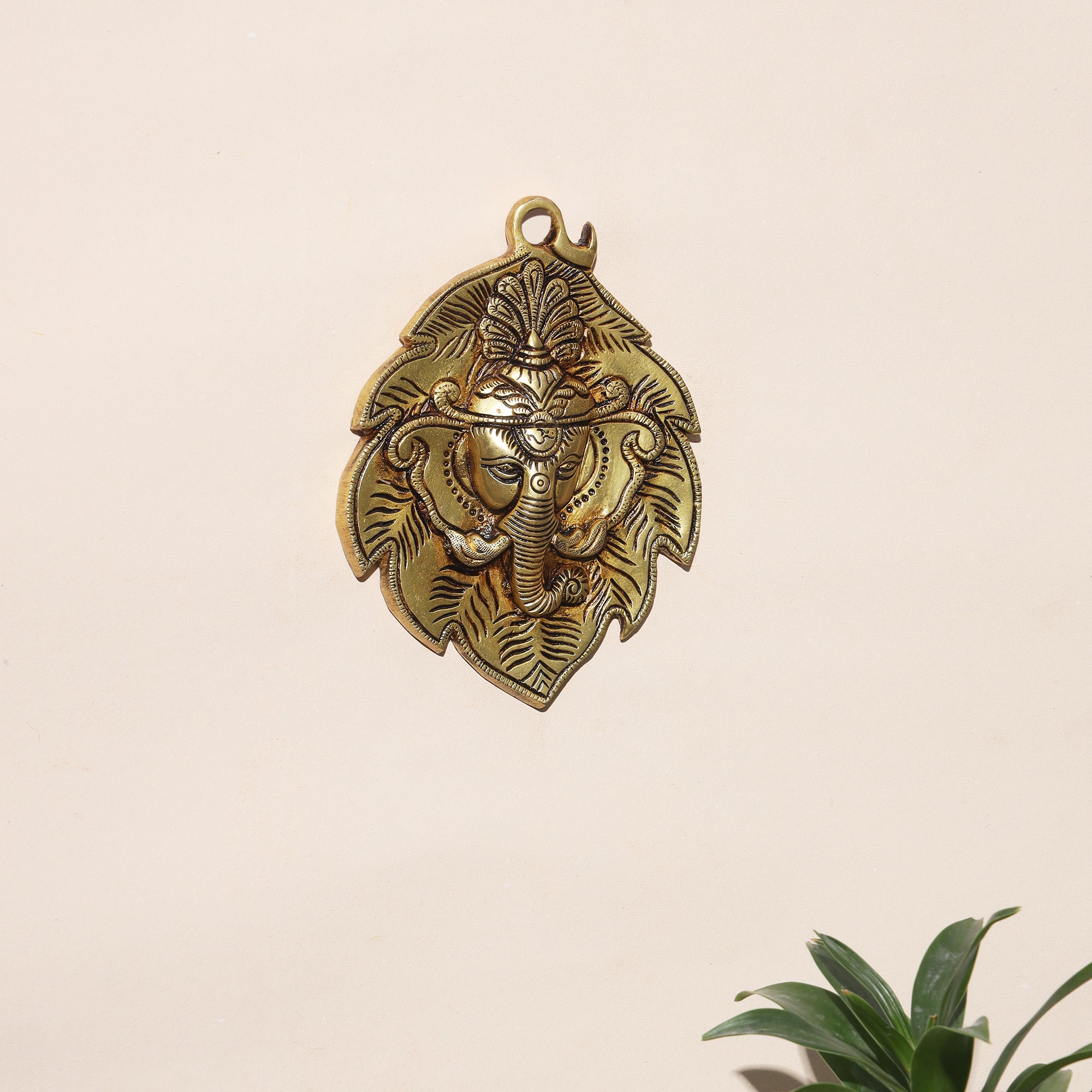 Brass Wall Hanging Leaf Ganesha - 7 inch