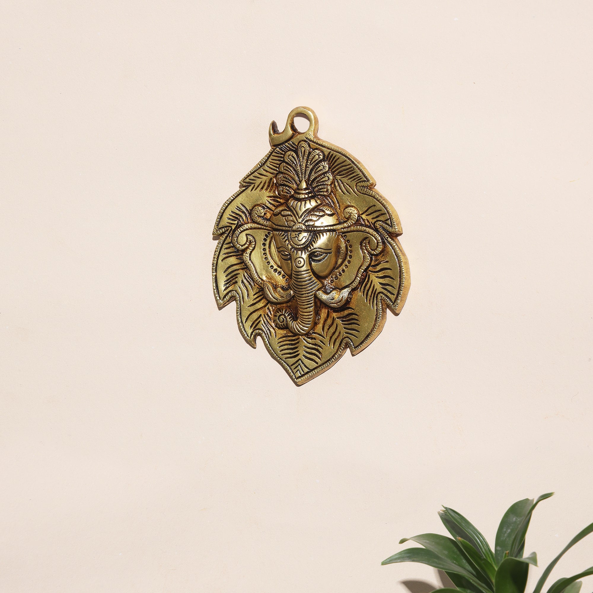 Brass Wall Hanging Leaf Ganesha - 7 inch