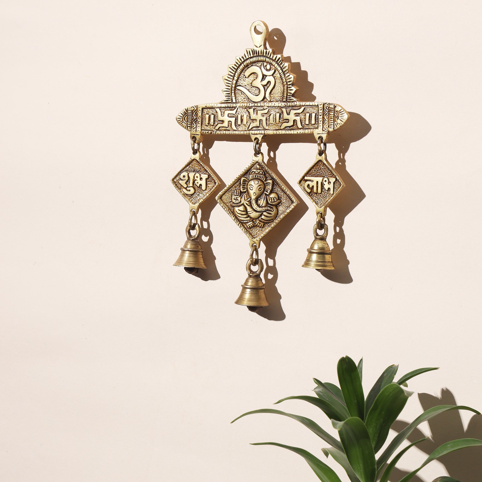 Brass Ganesha with Subh Labh Wall Hanging - 9 inch