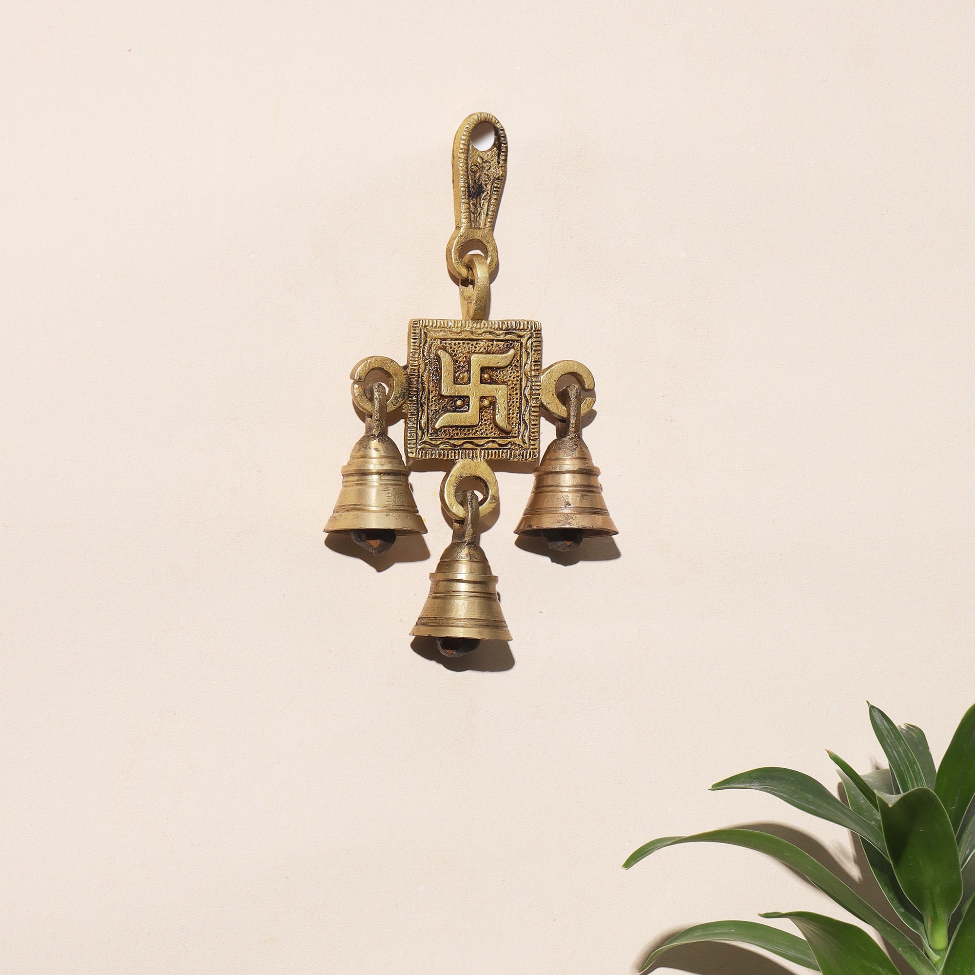 Brass Swastik Wall Hanging with Bells - 6.5 inch