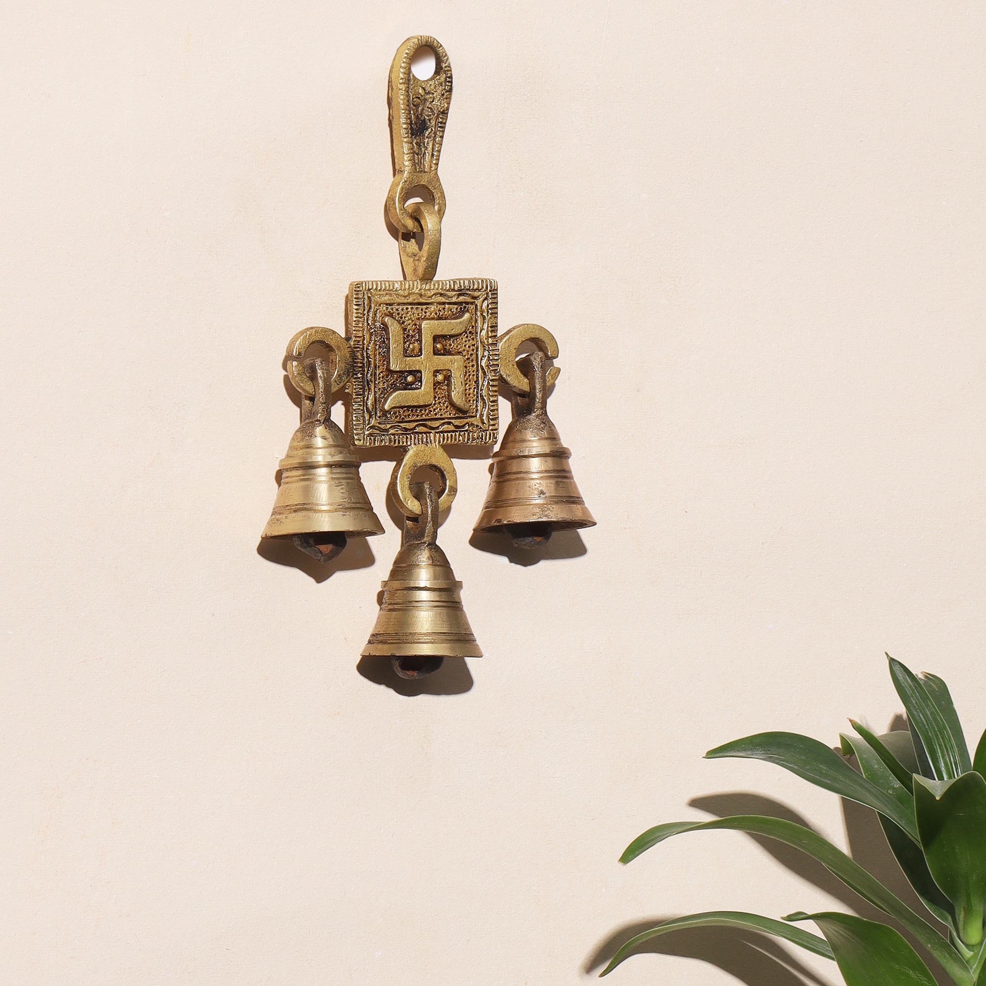 Brass Swastik Wall Hanging with Bells - 6.5 inch