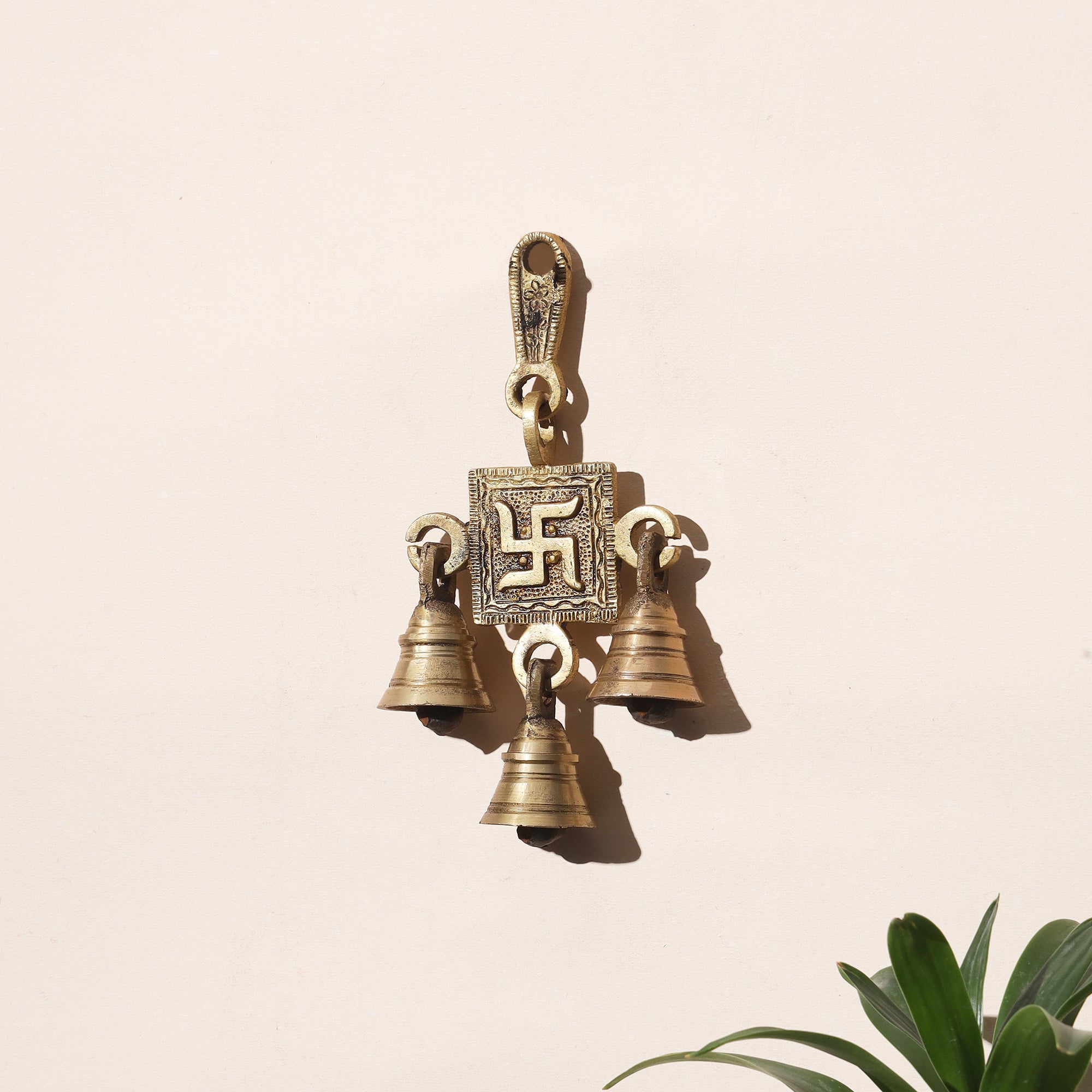 Brass Swastik Wall Hanging with Bells - 6.5 inch