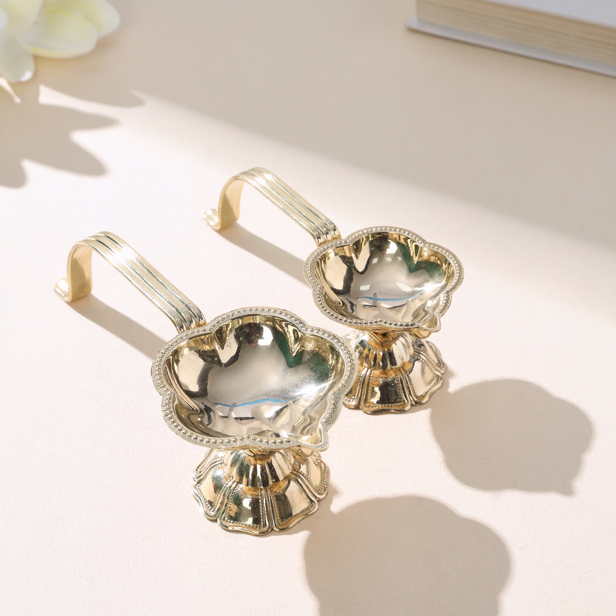 Brass Floral Kapur Aarti Diya with Handle Set of 2