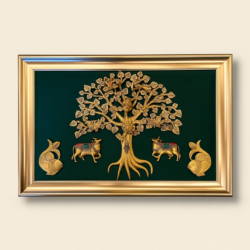 Brass Kalpvriksh with Nandi Cow & Fish Wall Frame - 36 inch