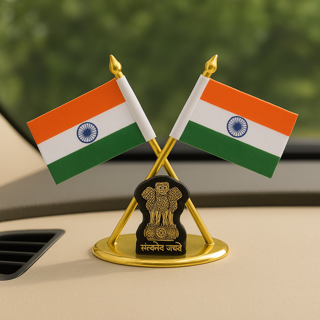 Brass coating Indian Flag with Ashok Stambh for Car Dashboard - 4 inch
