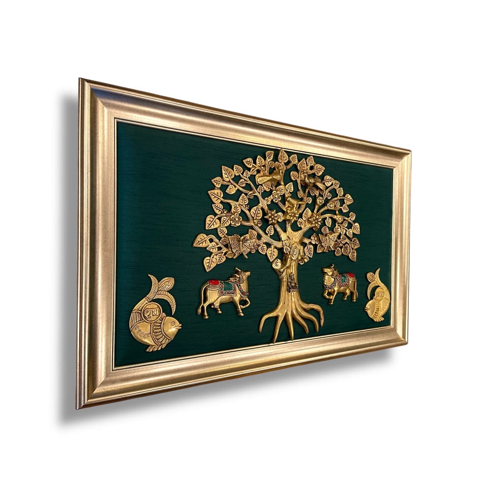 Brass Kalpvriksh with Nandi Cow & Fish Wall Frame - 36 inch