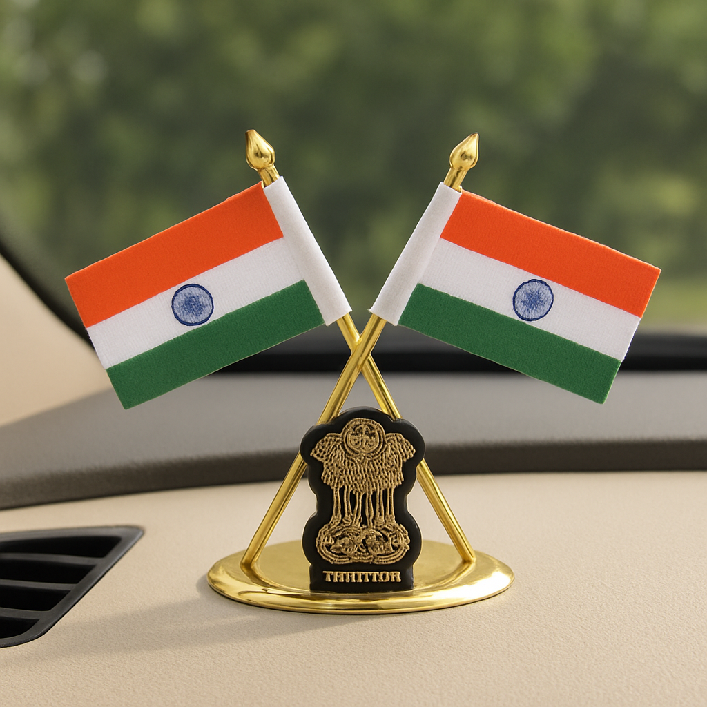 Brass coating Indian Flag with Ashok Stambh for Car Dashboard - 4 inch
