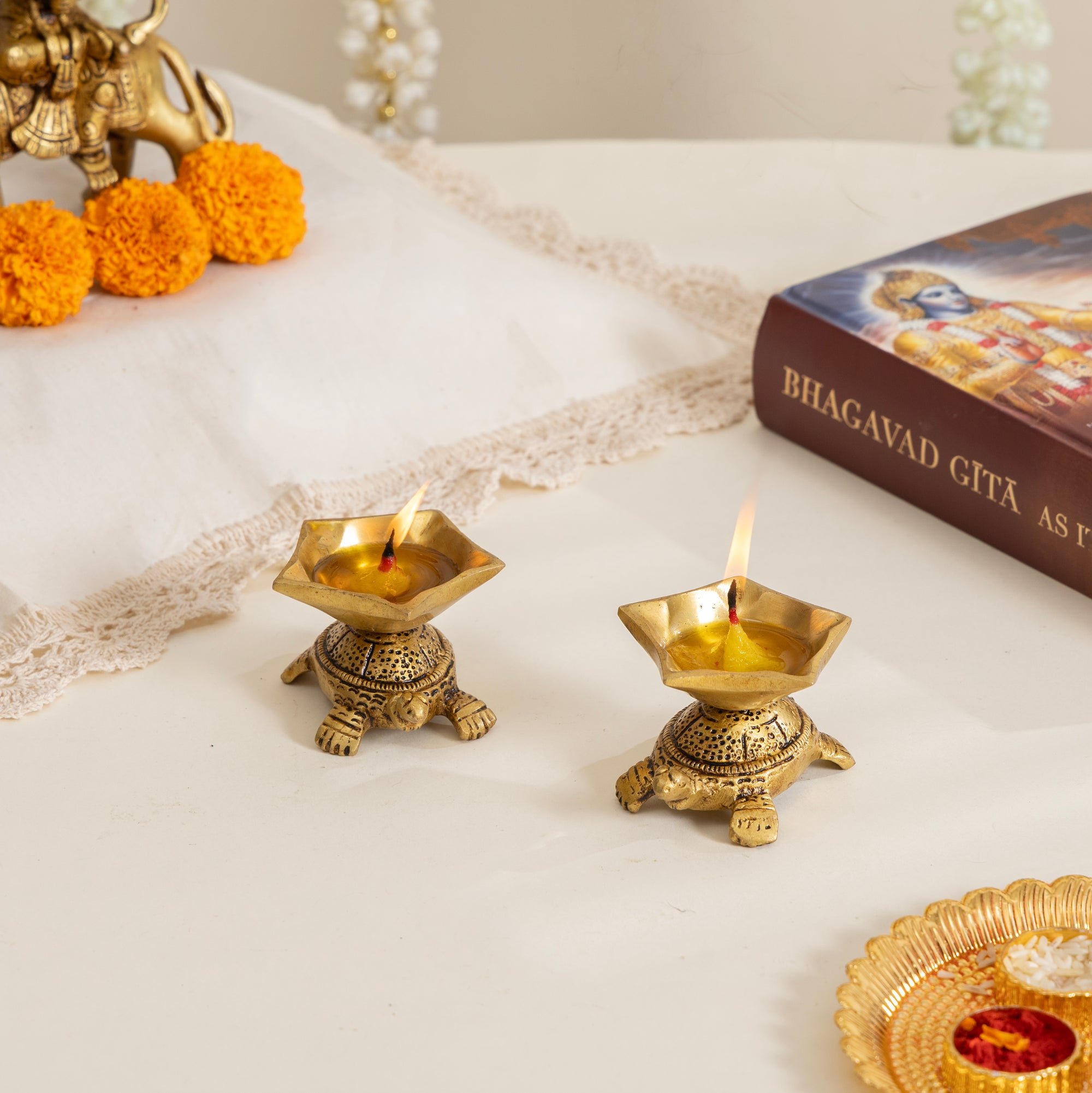 Turtle Design Deepak Diya – Brass Diya for Pooja & Home Temple Set of 4