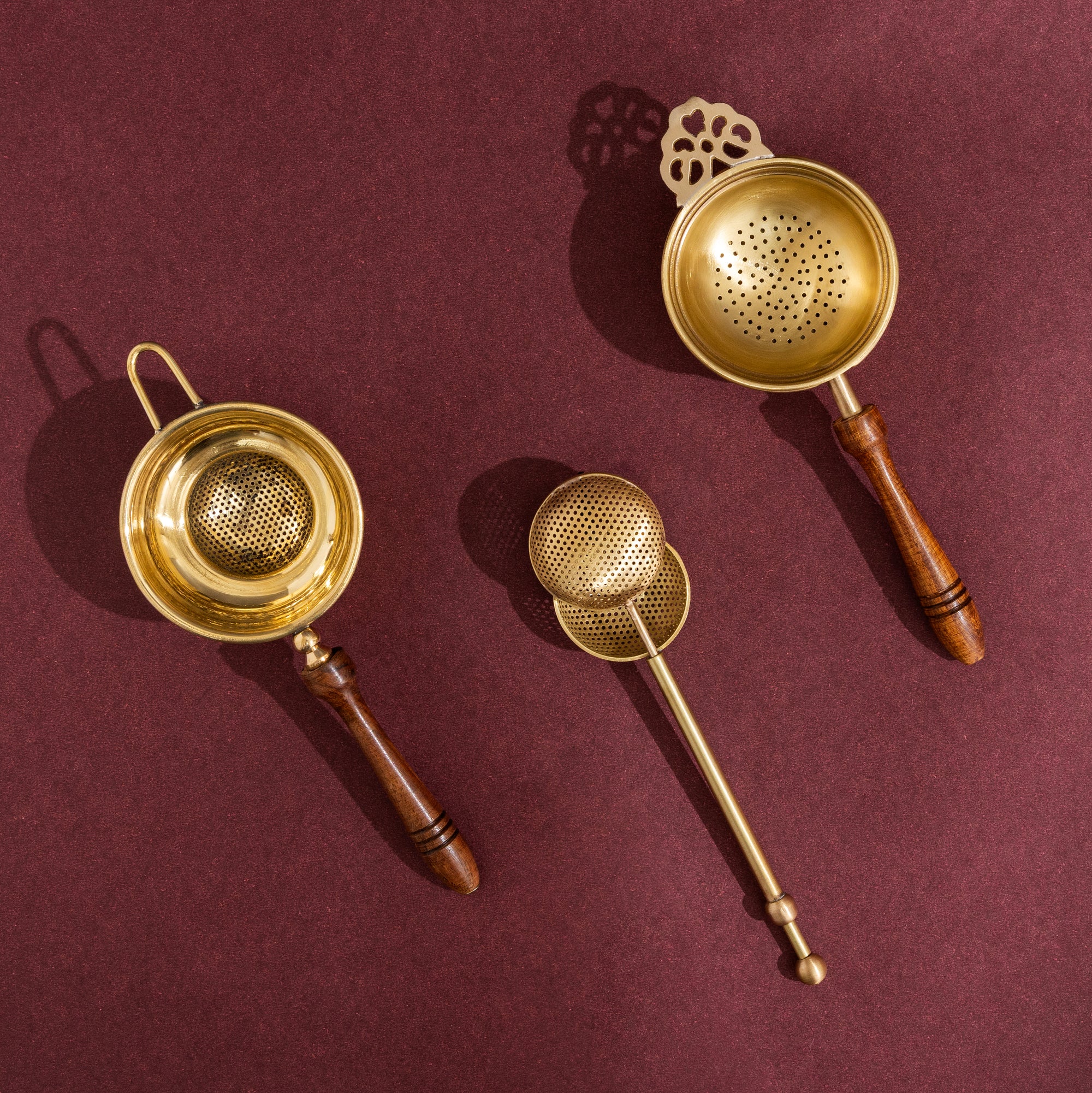 Set of 3 Brass Tea Strainers — Vintage-Style Handheld Infusers with Wooden Handles
