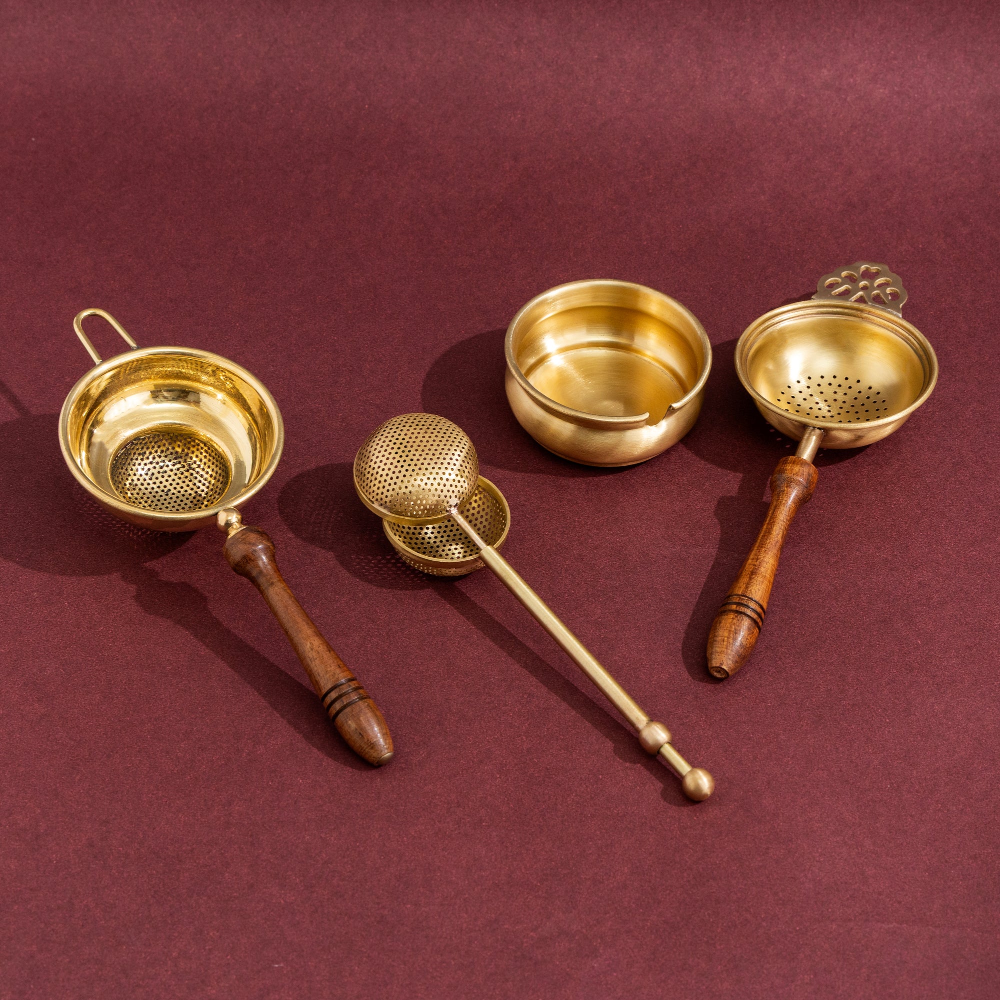 Set of 3 Brass Tea Strainers — Vintage-Style Handheld Infusers with Wooden Handles