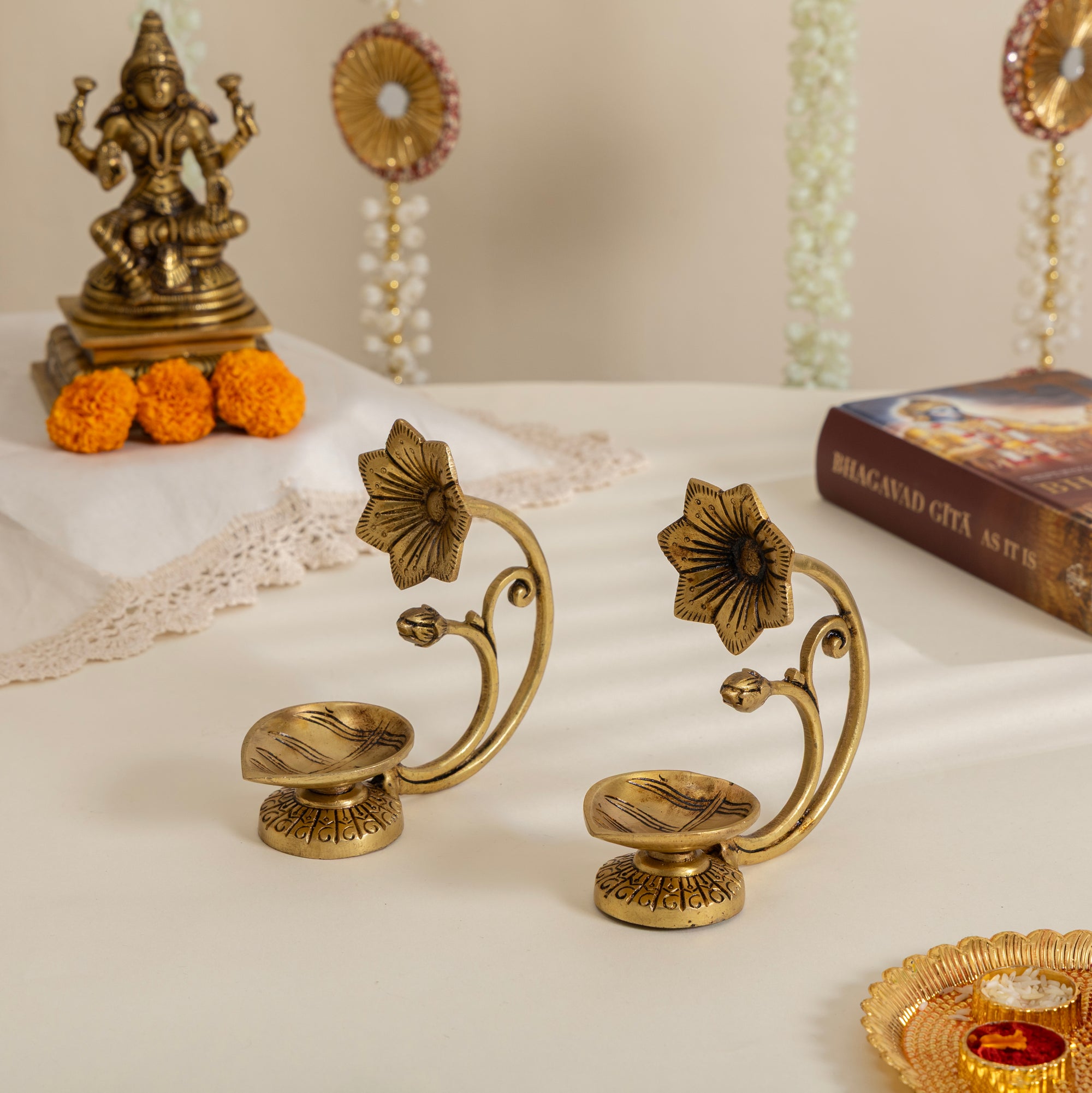 Handcrafted Pure Brass Diya with Flower Handle – Traditional Oil Lamp for Pooja & Decor