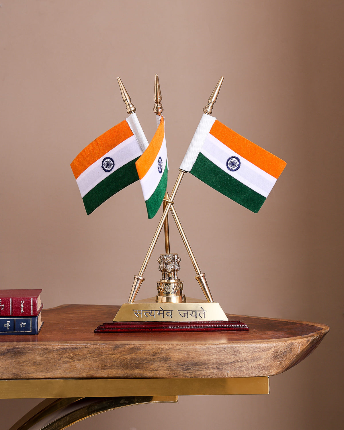 Brass Triple Flag with Wooden Base 