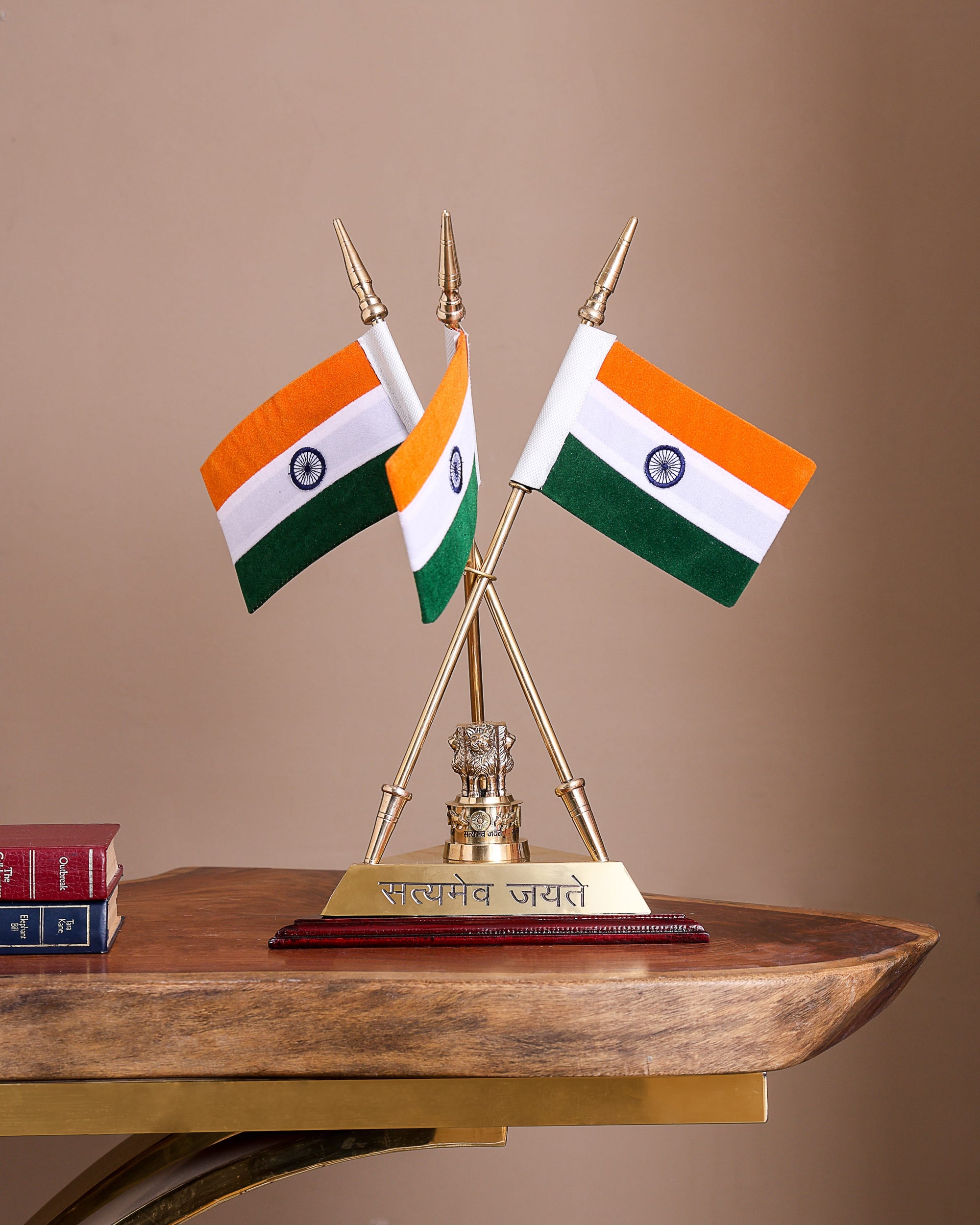 Brass Triple Flag with Wooden Base 