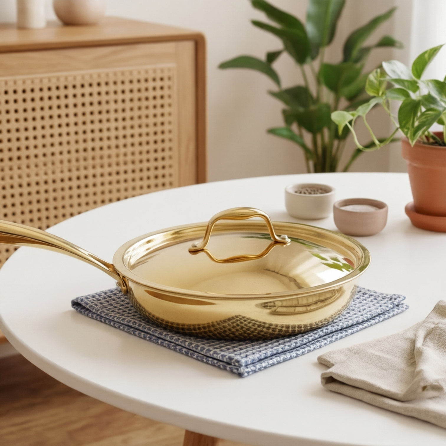 Handcrafted Brass Fry Pan with Lid & Tin Coating