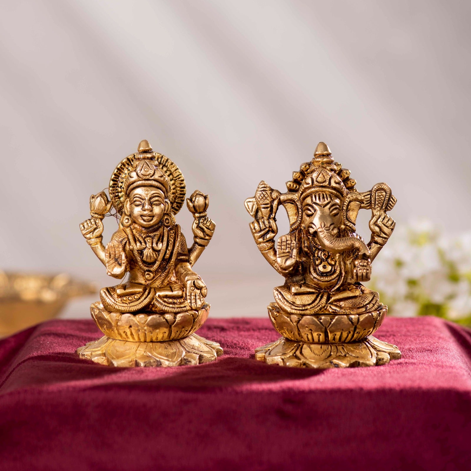 Brass Laxmi Ganesh on Lotus Idol - 4 Inch