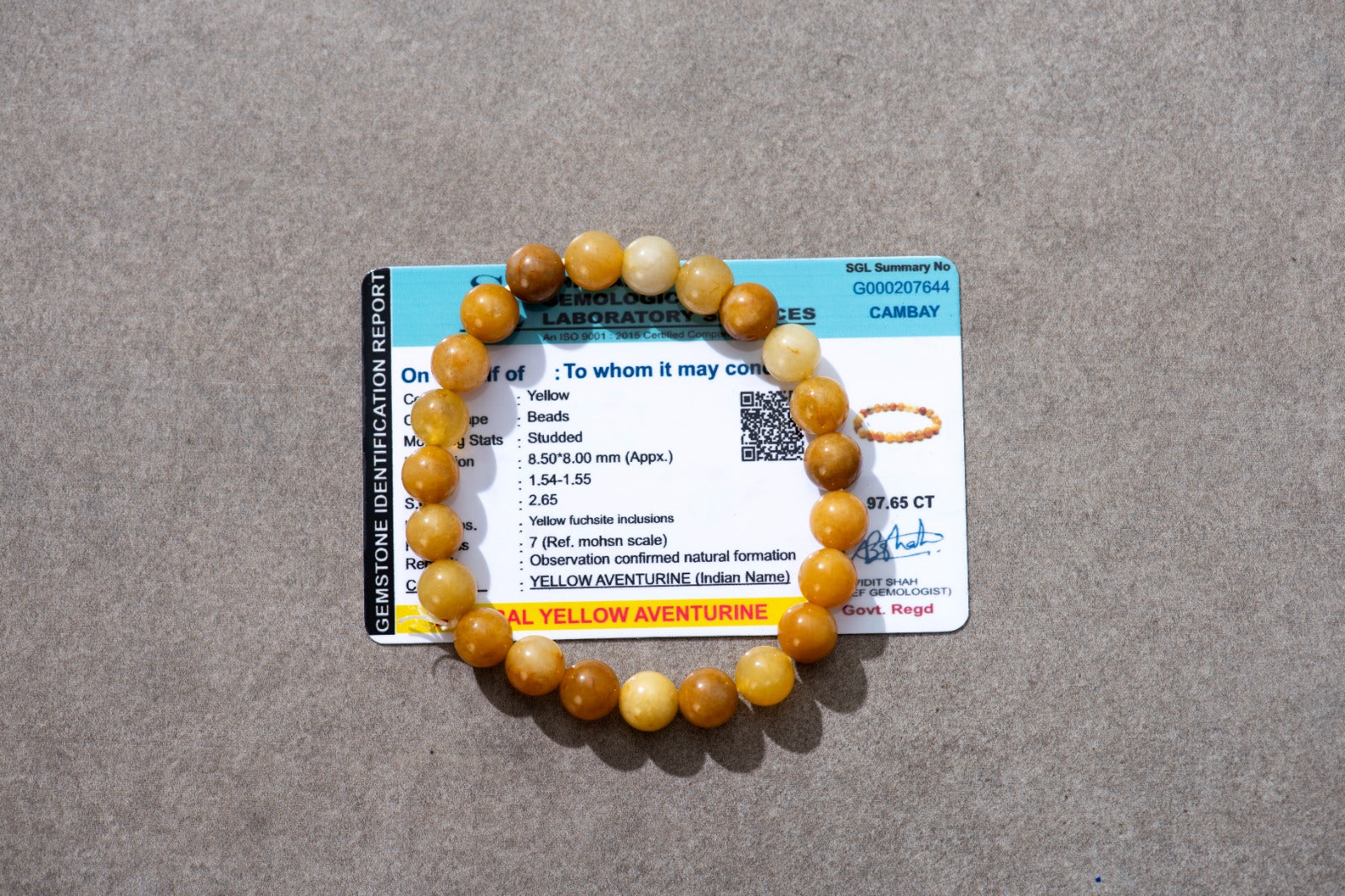 Yellow Beads Bracelet with Certificate