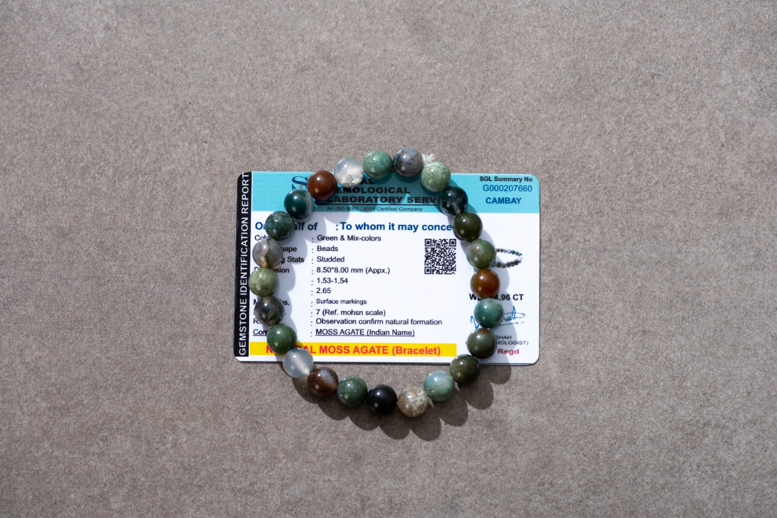 Certified Natural Moss Agate Bracelet for Calmness