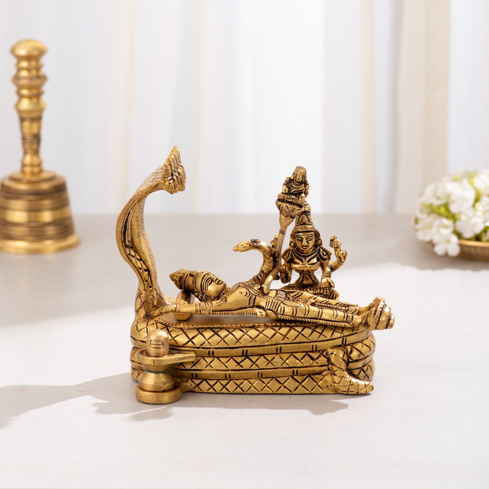 Brass Resting Vishnu with bhrama and Shiv ling on Seshnaag - 6 inch