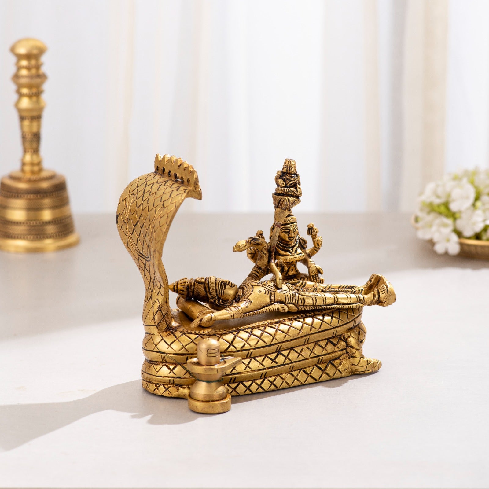 Brass Resting Vishnu with bhrama and Shiv ling on Seshnaag - 6 inch