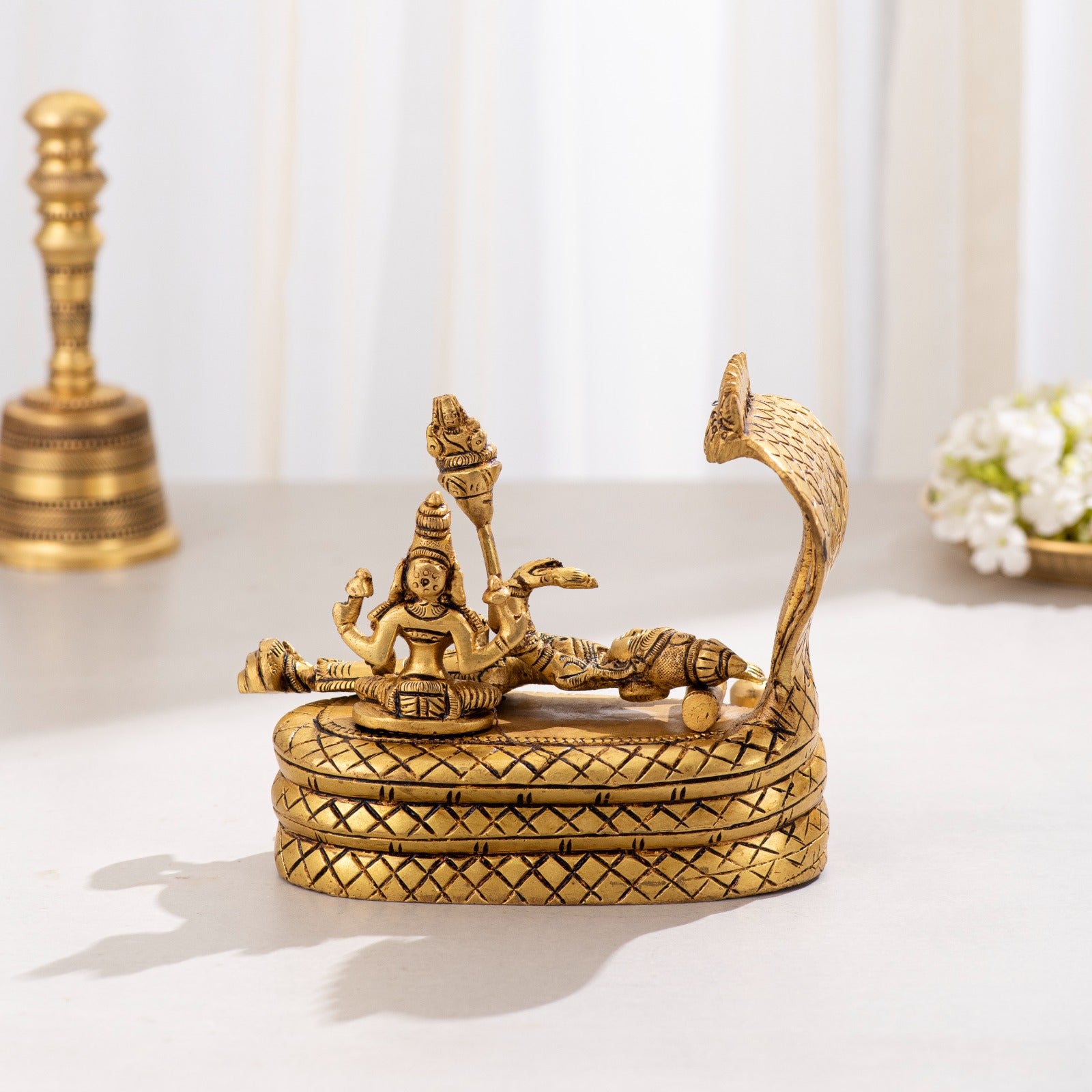 Brass Resting Vishnu with bhrama and Shiv ling on Seshnaag - 6 inch