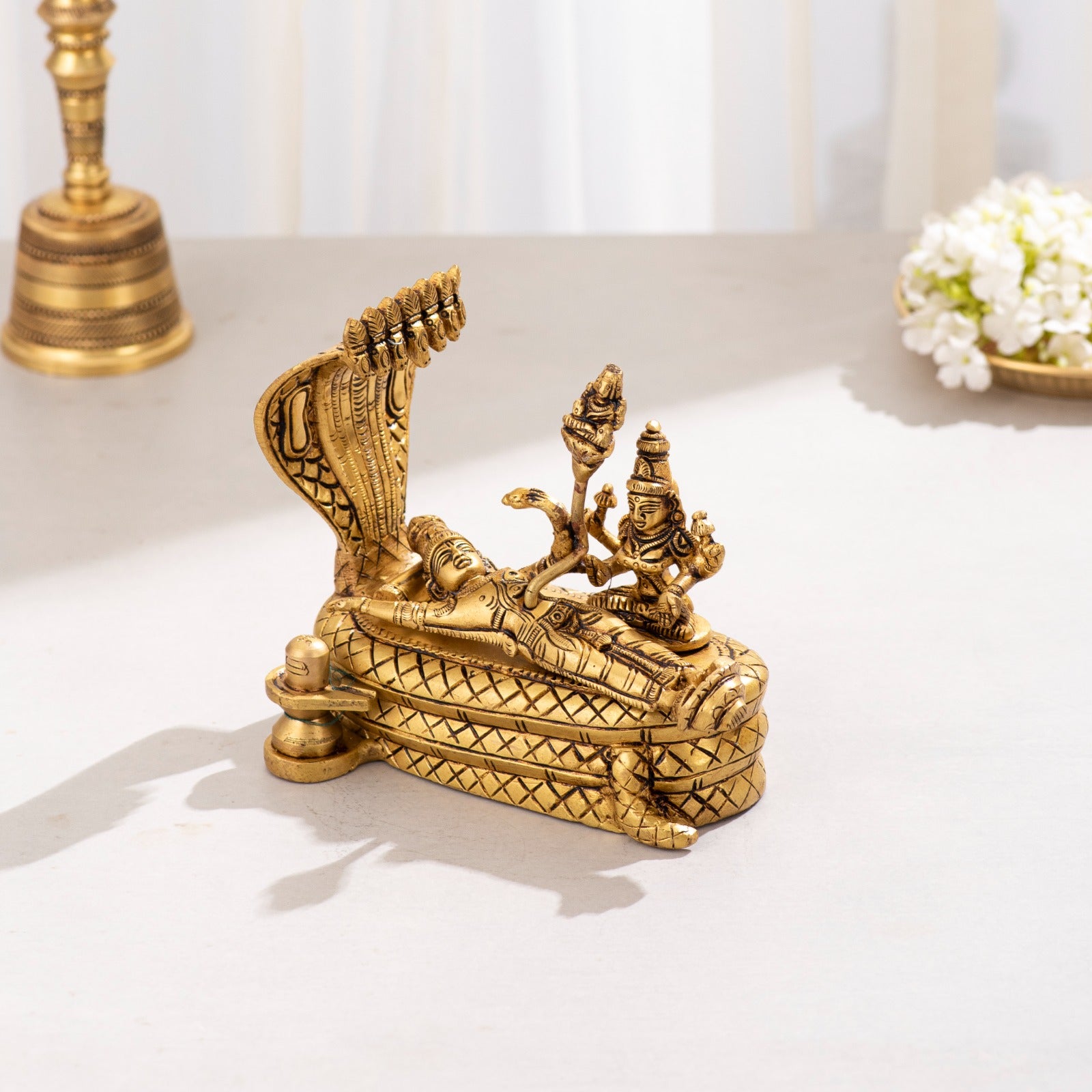 Brass Resting Vishnu with bhrama and Shiv ling on Seshnaag - 6 inch