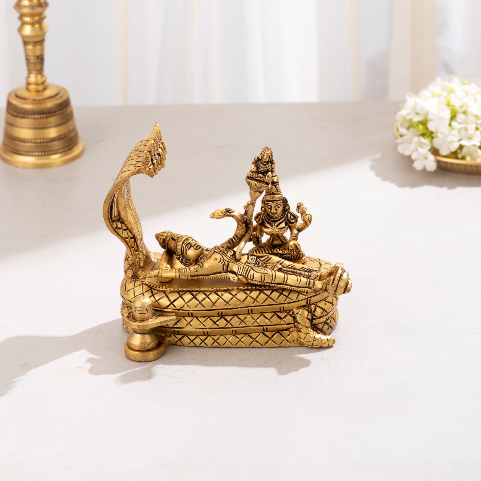 Brass Resting Vishnu with bhrama and Shiv ling on Seshnaag - 6 inch