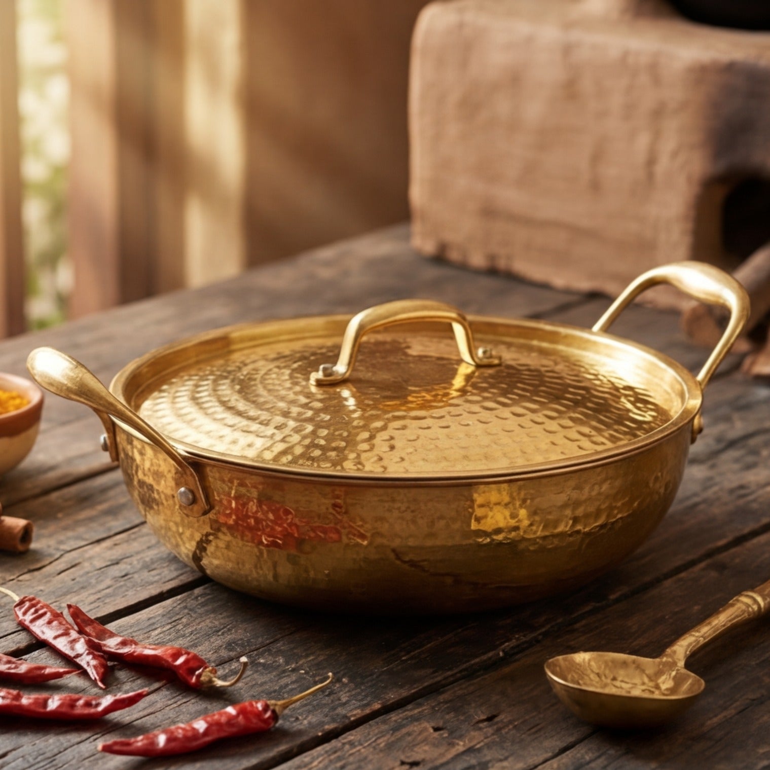 Handcrafted Brass Kadhai with Lid & Tin Coating