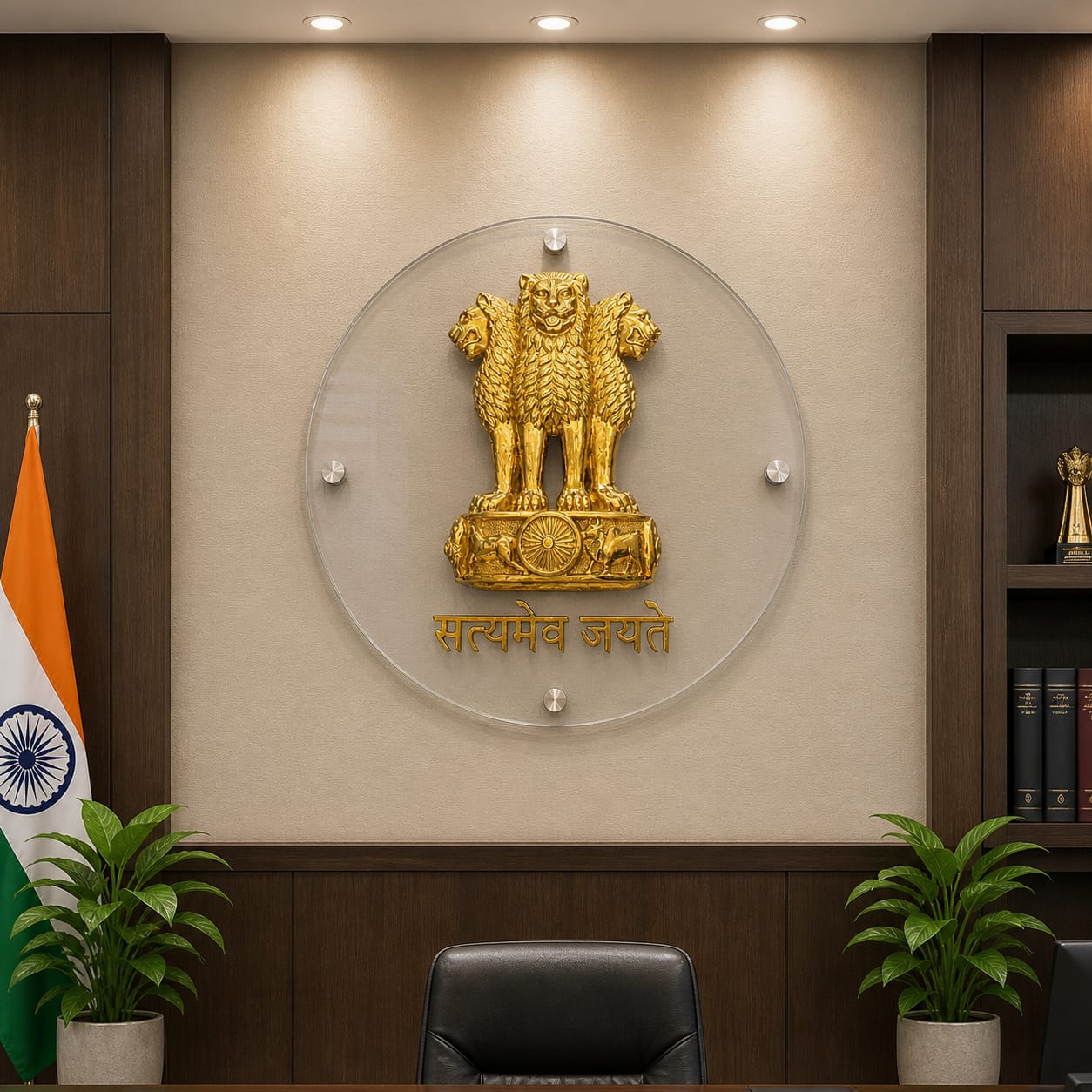 Brass Wall Hanging Ashoka Emblem with Transparent Acrylic Frame – 24 inch