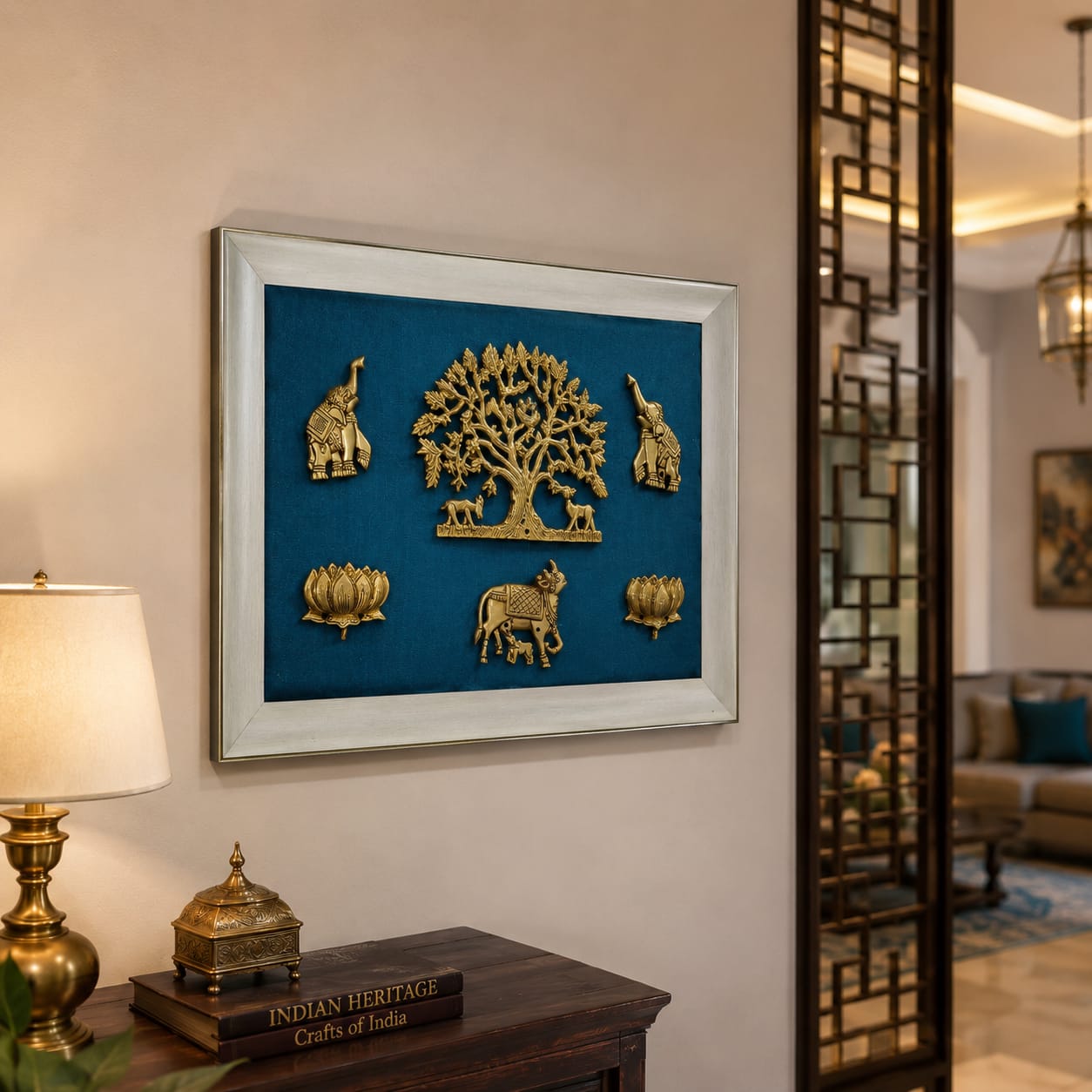 Brass Tree of Life Wall Frame with Elephant, Cow & Peacock Design