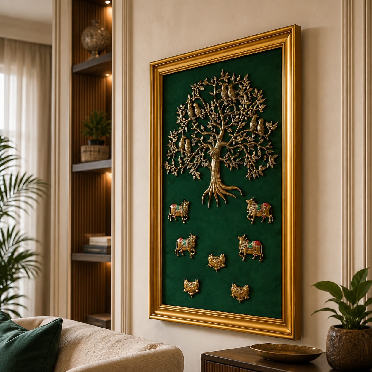 Brass Kalpavriksha Wall Frame with Cow & Lotus Design