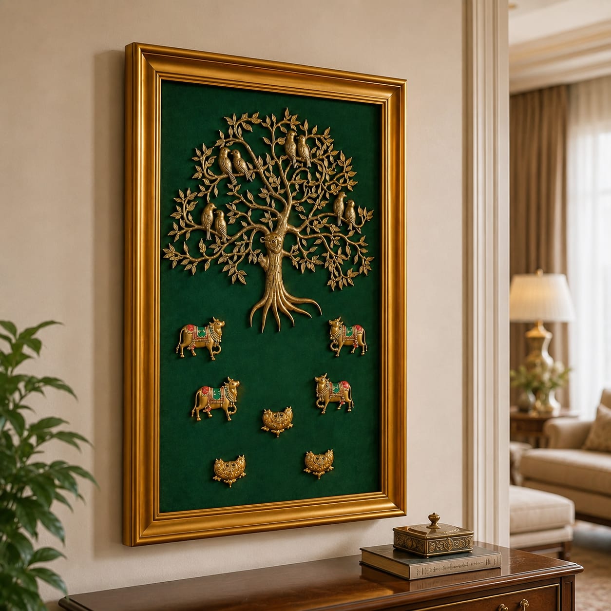 Brass Kalpavriksha Wall Frame with Cow & Lotus Design