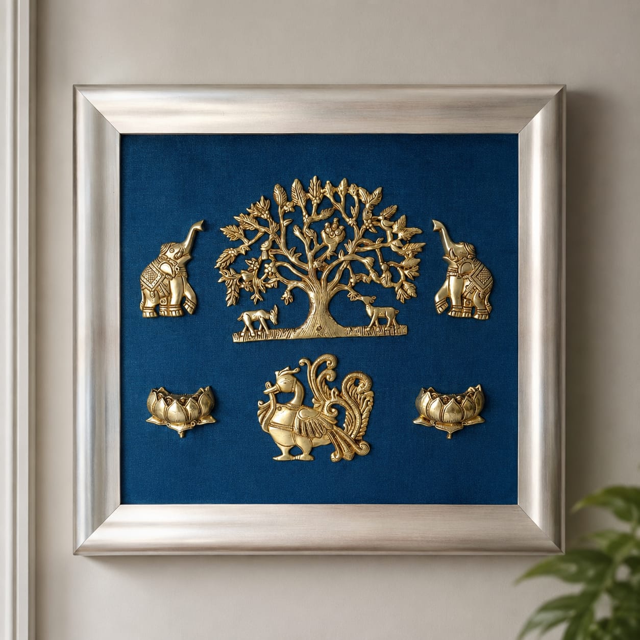 Brass Kalpavriksha Wall Frame with Elephant, Kamdhenu & Lotus Design