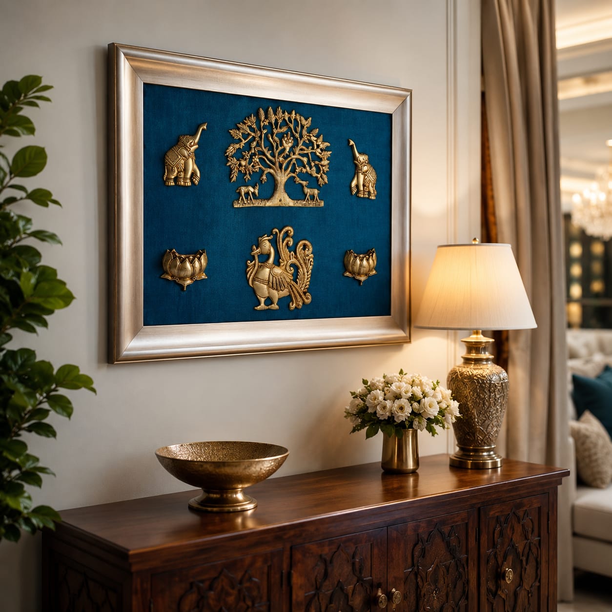 Brass Kalpavriksha Wall Frame with Elephant, Kamdhenu & Lotus Design