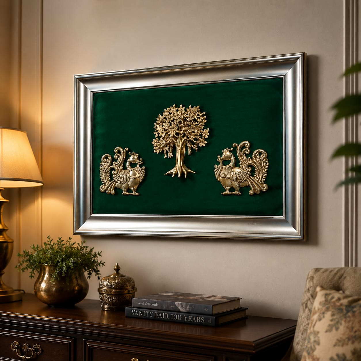 Brass Kalpavriksha Wall Frame with Peacock & Tree Design