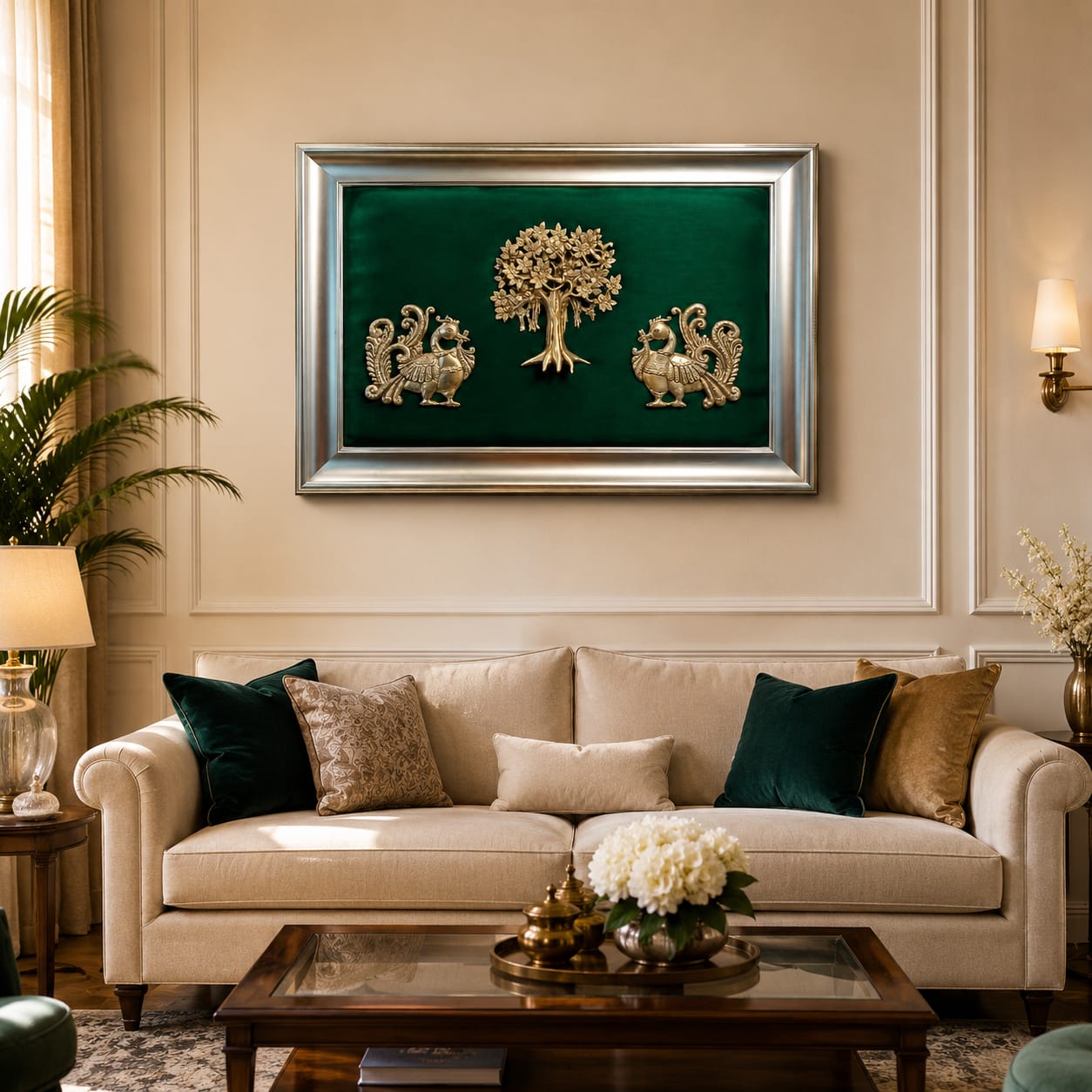 Brass Kalpavriksha Wall Frame with Peacock & Tree Design