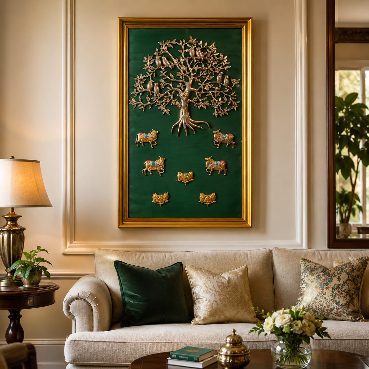 Brass Kalpavriksha Wall Frame with Cow & Lotus Design