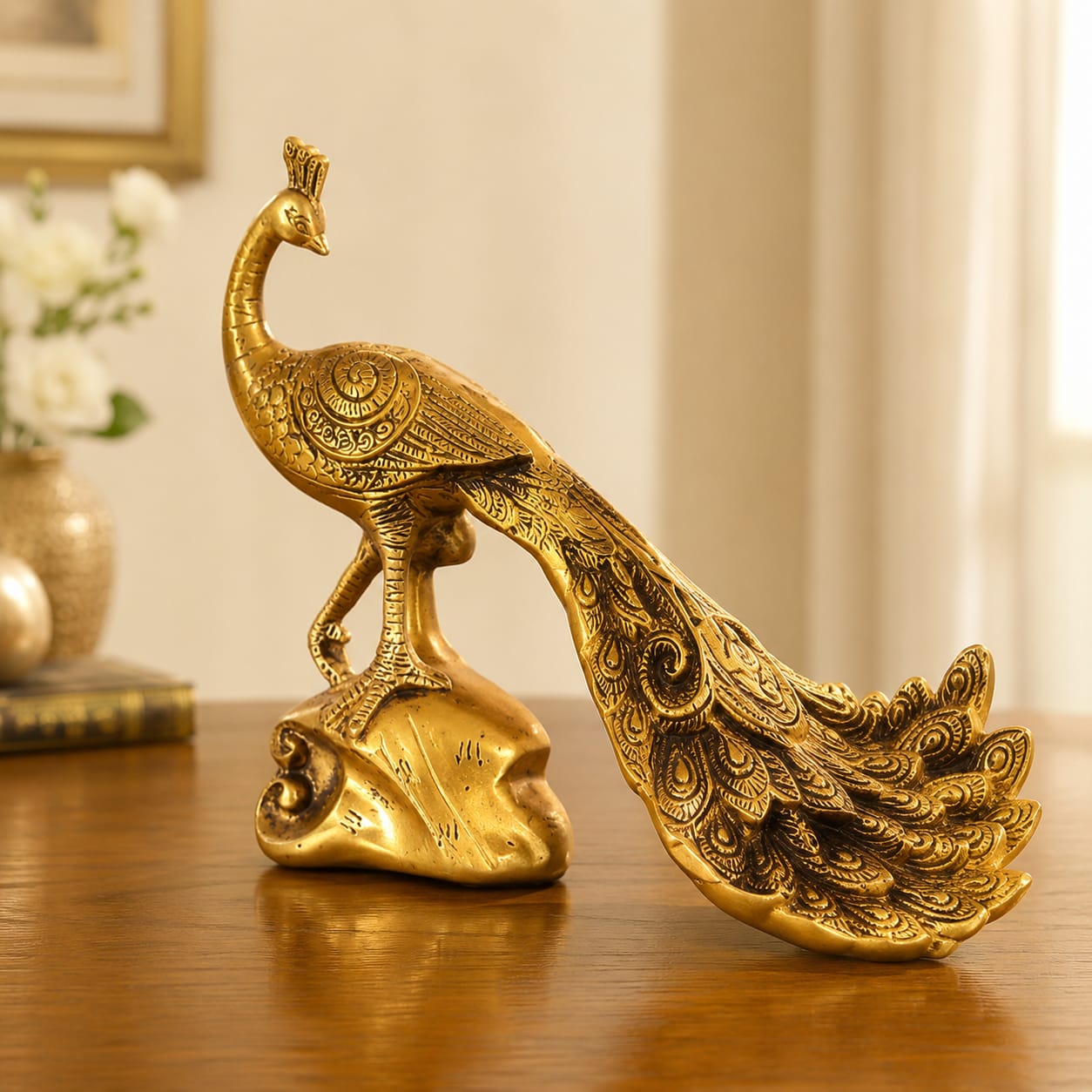 Premium Brass Peacock Statue for Home Décor - 12 inch
