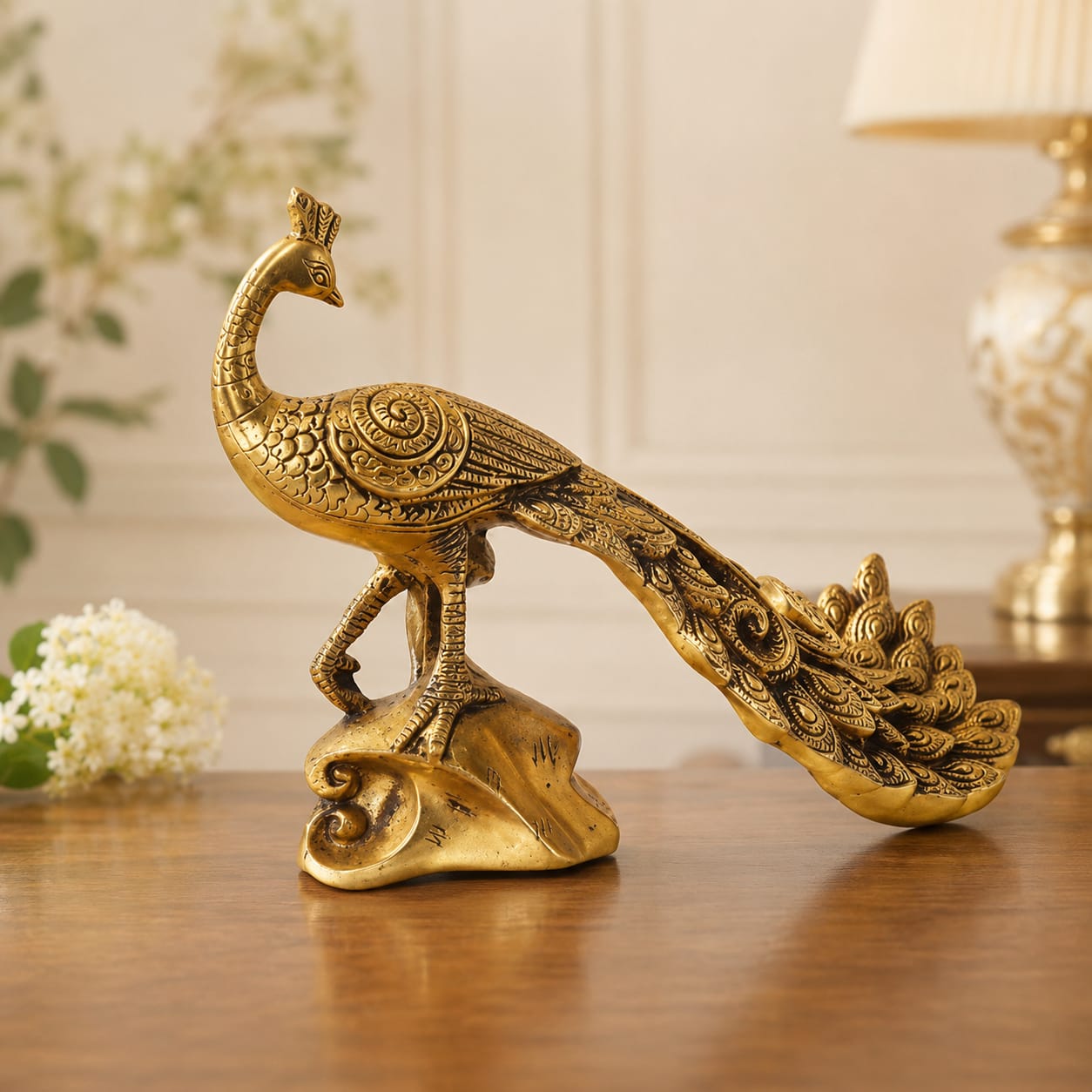 Premium Brass Peacock Statue for Home Décor - 12 inch