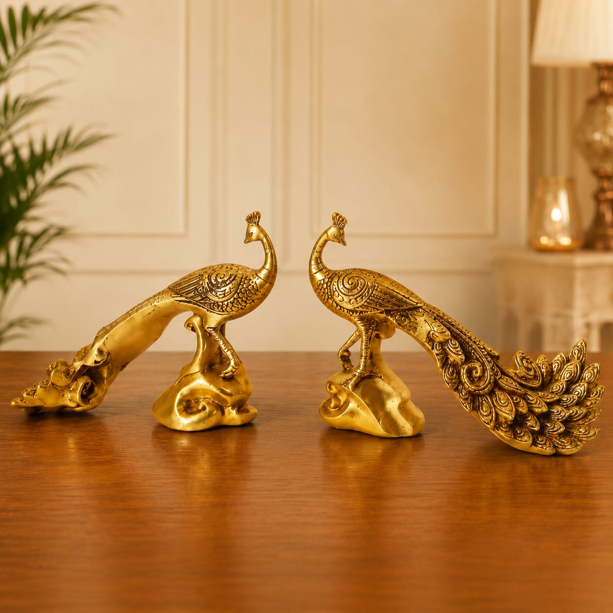 Premium Brass Peacock Pair Statue for Home Decor - 12 inch