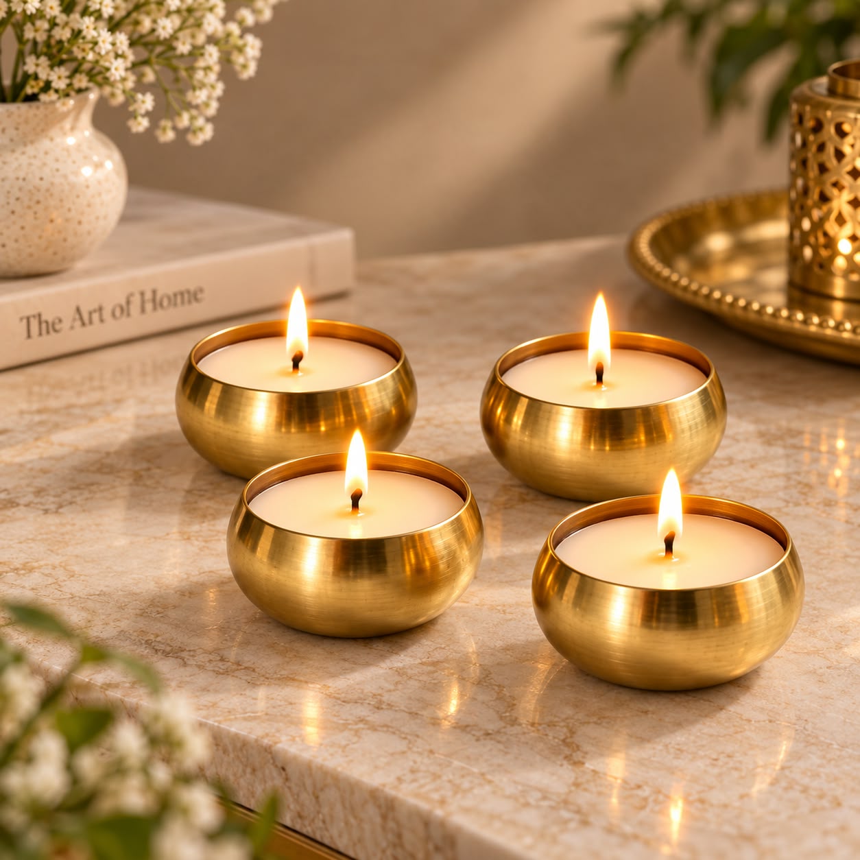 Brass Finish Candle Set | Decorative Tealight Candles for Home Décor, Table & Festive Decoration