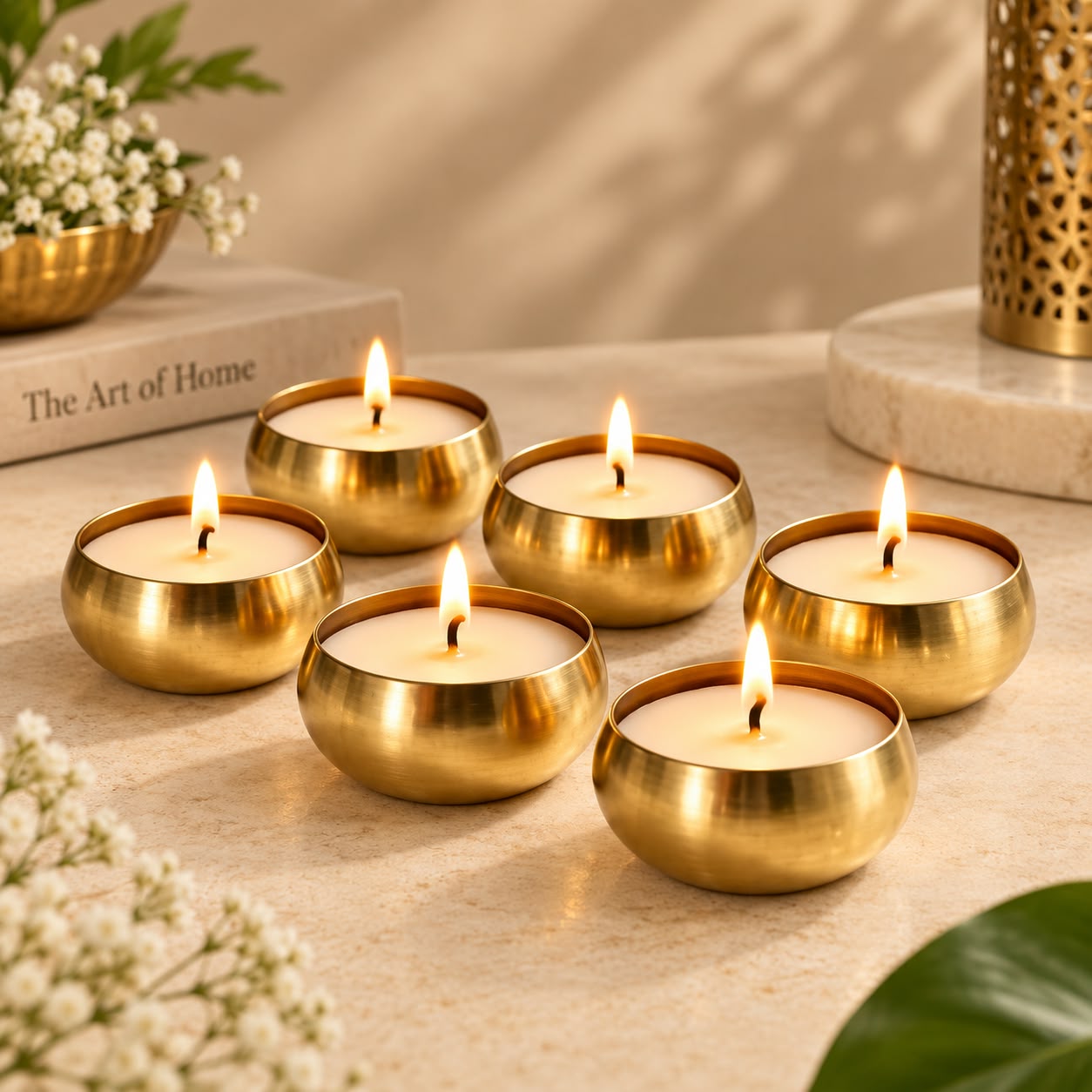 Brass Finish Candle Set | Decorative Tealight Candles for Home Décor, Table & Festive Decoration