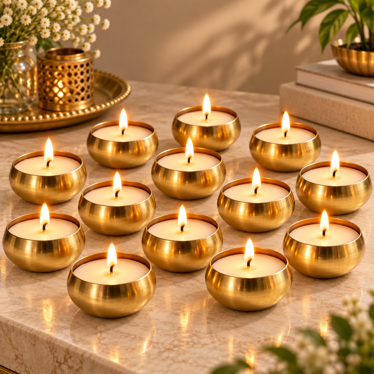 Brass Finish Candle Set | Decorative Tealight Candles for Home Décor, Table & Festive Decoration