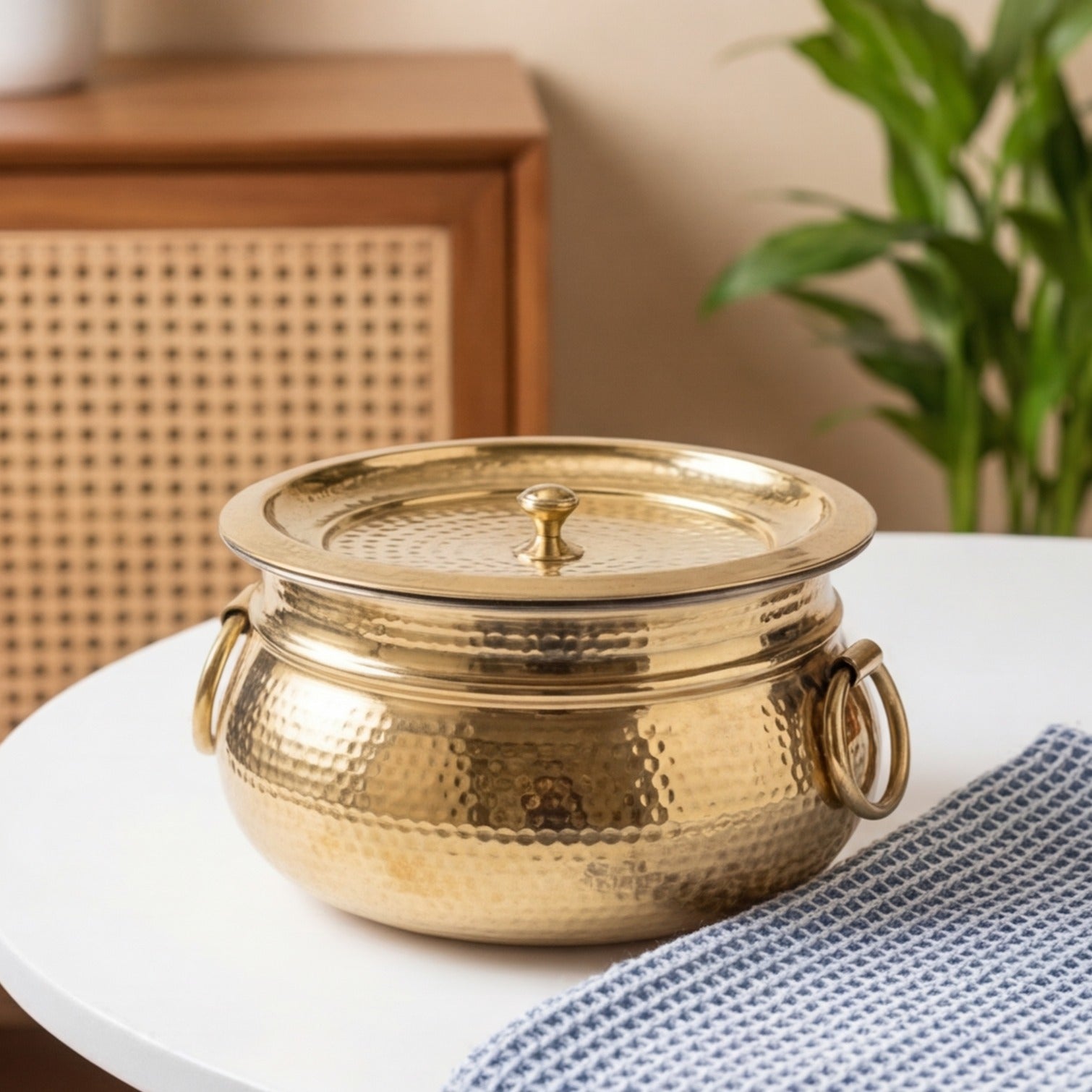 Hammered Mughlai Brass Handi with Lid & Tin Coating