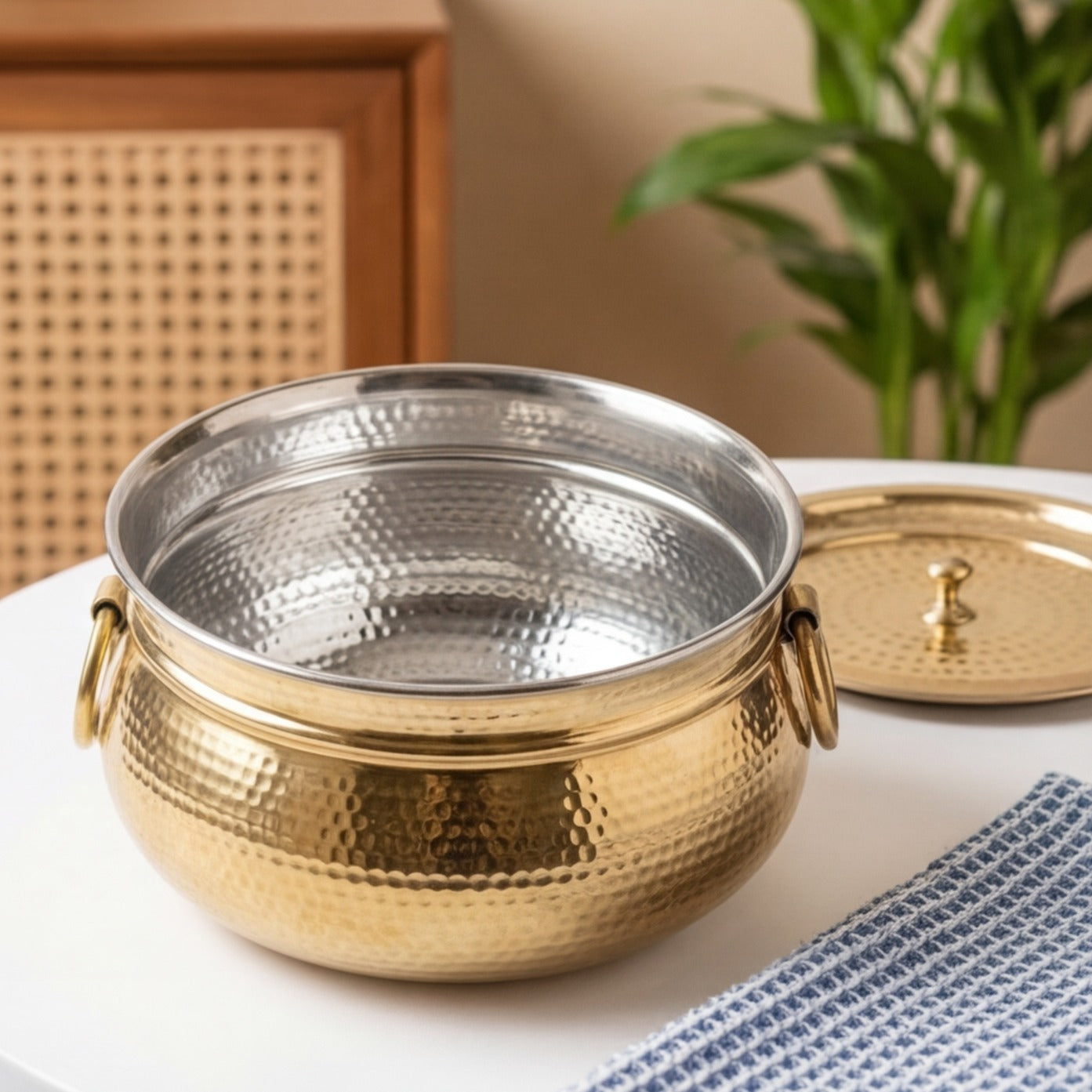 Hammered Mughlai Brass Handi with Lid & Tin Coating