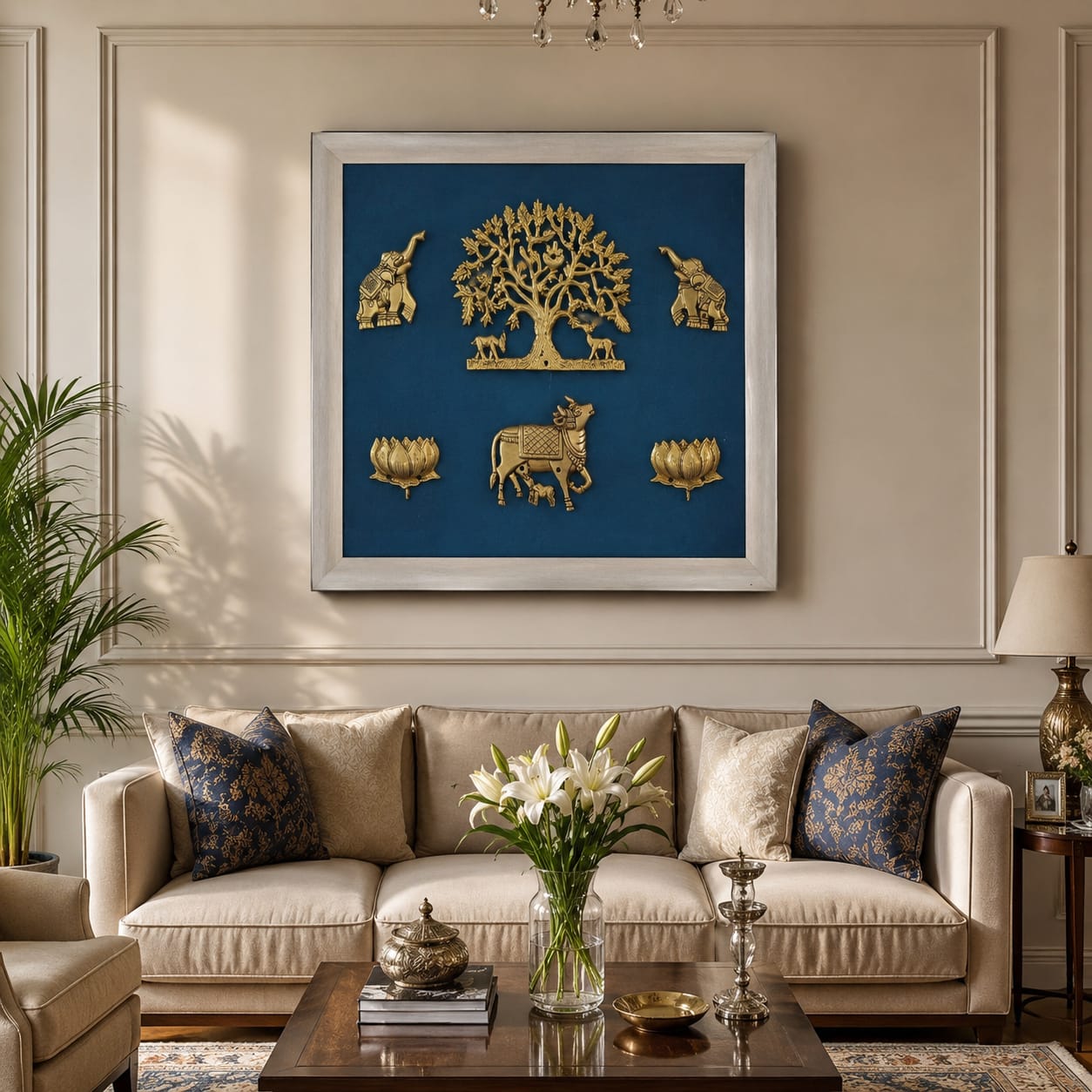 Brass Tree of Life Wall Frame with Elephant, Cow & Peacock Design